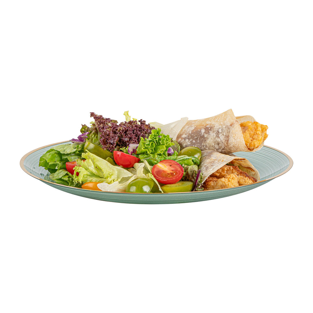 Moderna Round Green Translucent Plastic Gold-Rimmed Plate - Rippled - 10" x 10" - 100 count box