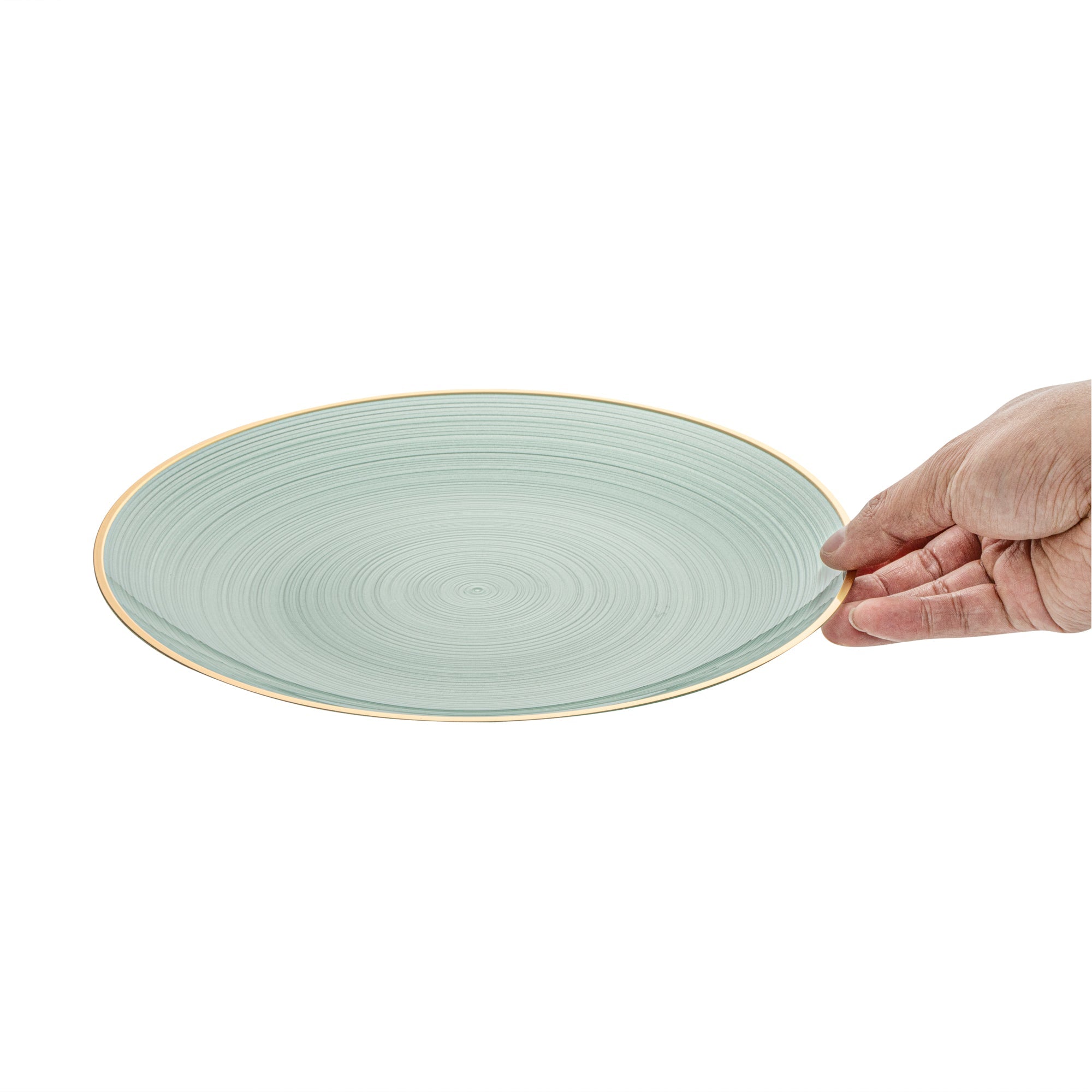 Moderna Round Green Translucent Plastic Gold-Rimmed Plate - Rippled - 10" x 10" - 100 count box