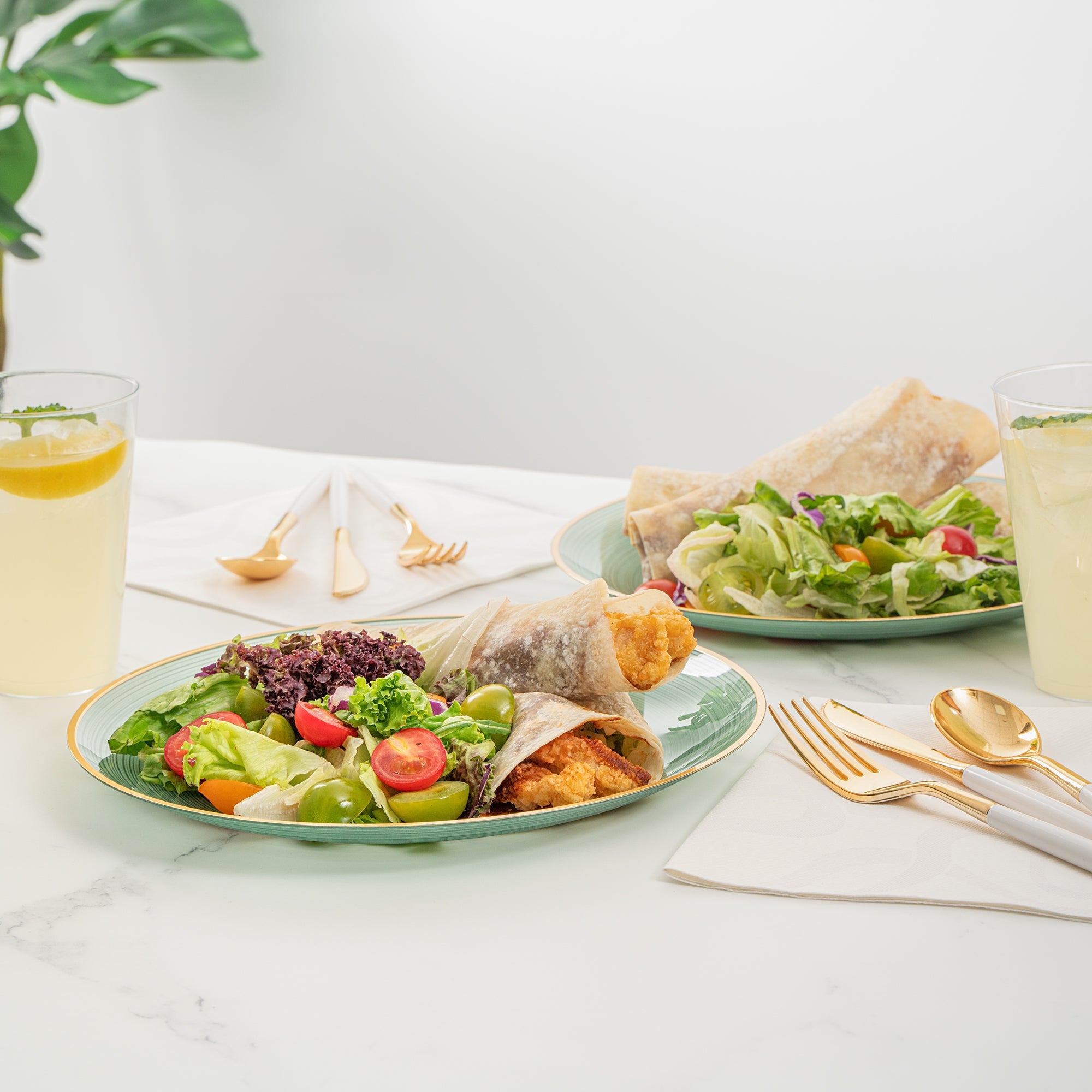 Moderna Round Green Translucent Plastic Gold-Rimmed Plate - Rippled - 10" x 10" - 100 count box