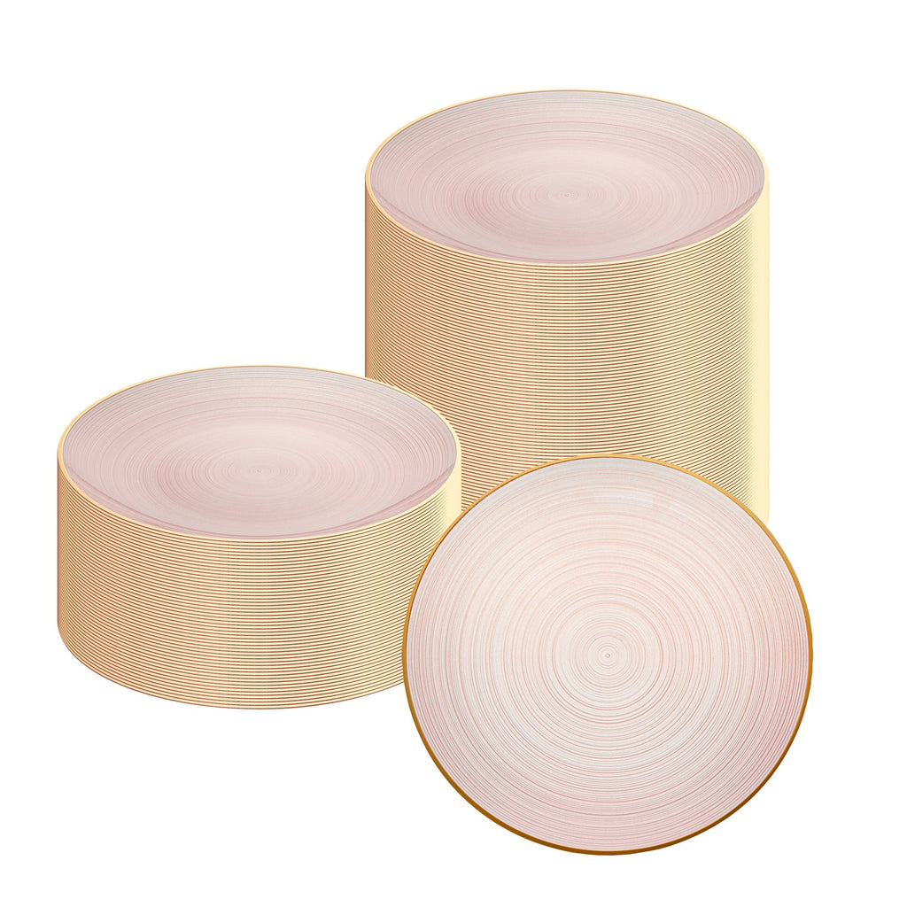 Moderna Round Pink Translucent Plastic Gold-Rimmed Plate - Rippled - 10" x 10" - 100 count box