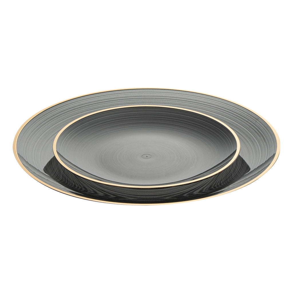Moderna Round Black Translucent Plastic Gold-Rimmed Plate Set - Rippled, Includes 7 1/4" and 10" Plates - 200 count box