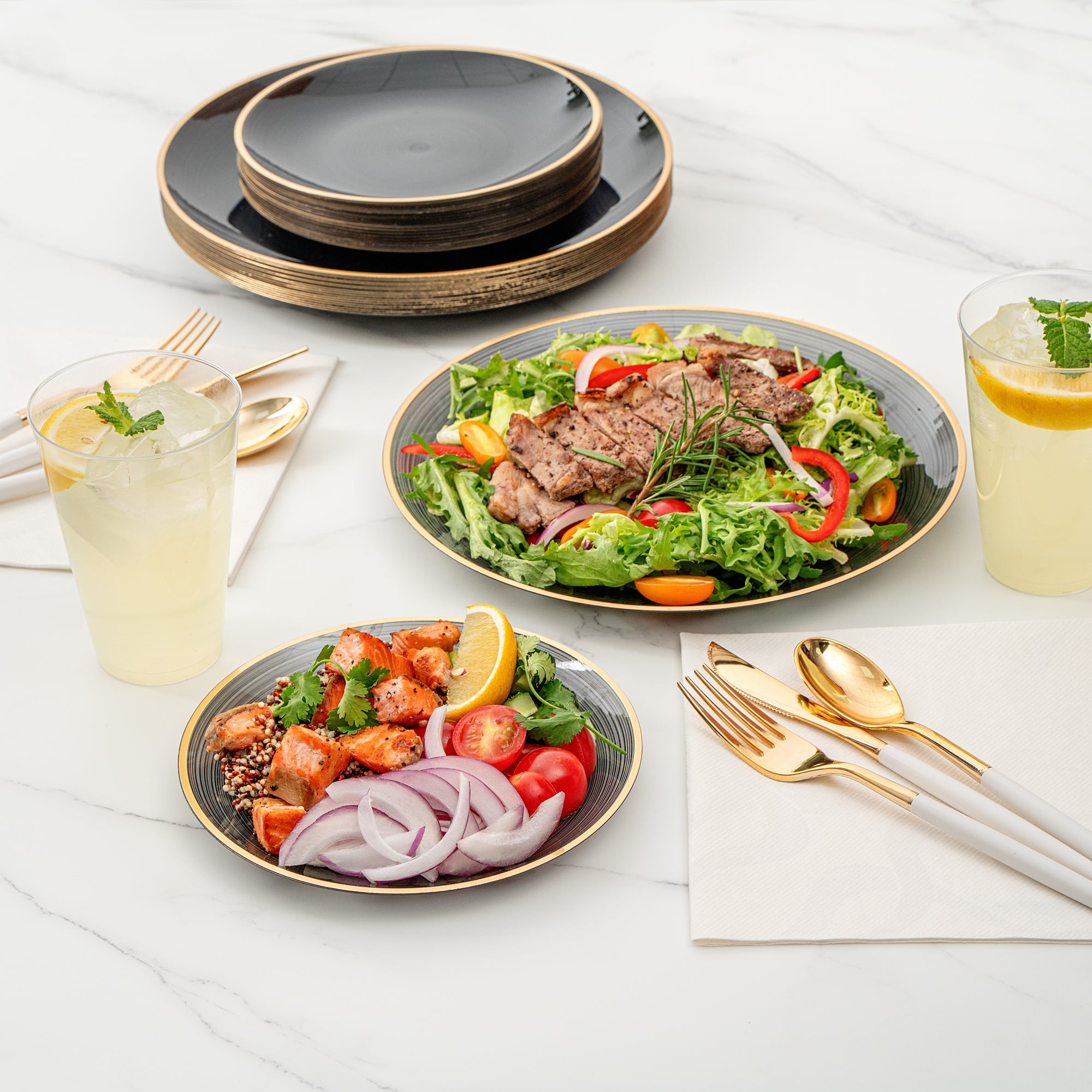 Moderna Round Black Translucent Plastic Gold-Rimmed Plate Set - Rippled, Includes 7 1/4" and 10" Plates - 40 count box