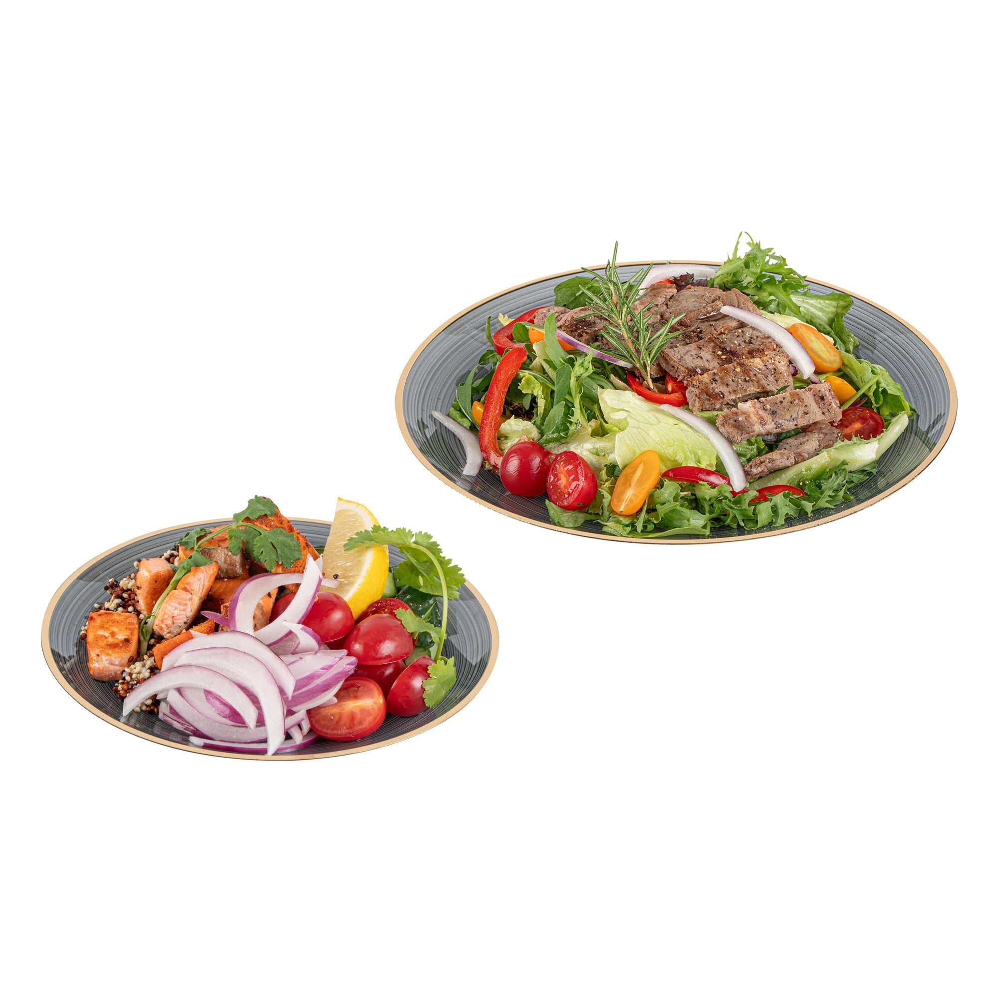 Moderna Round Black Translucent Plastic Gold-Rimmed Plate Set - Rippled, Includes 7 1/4" and 10" Plates - 40 count box