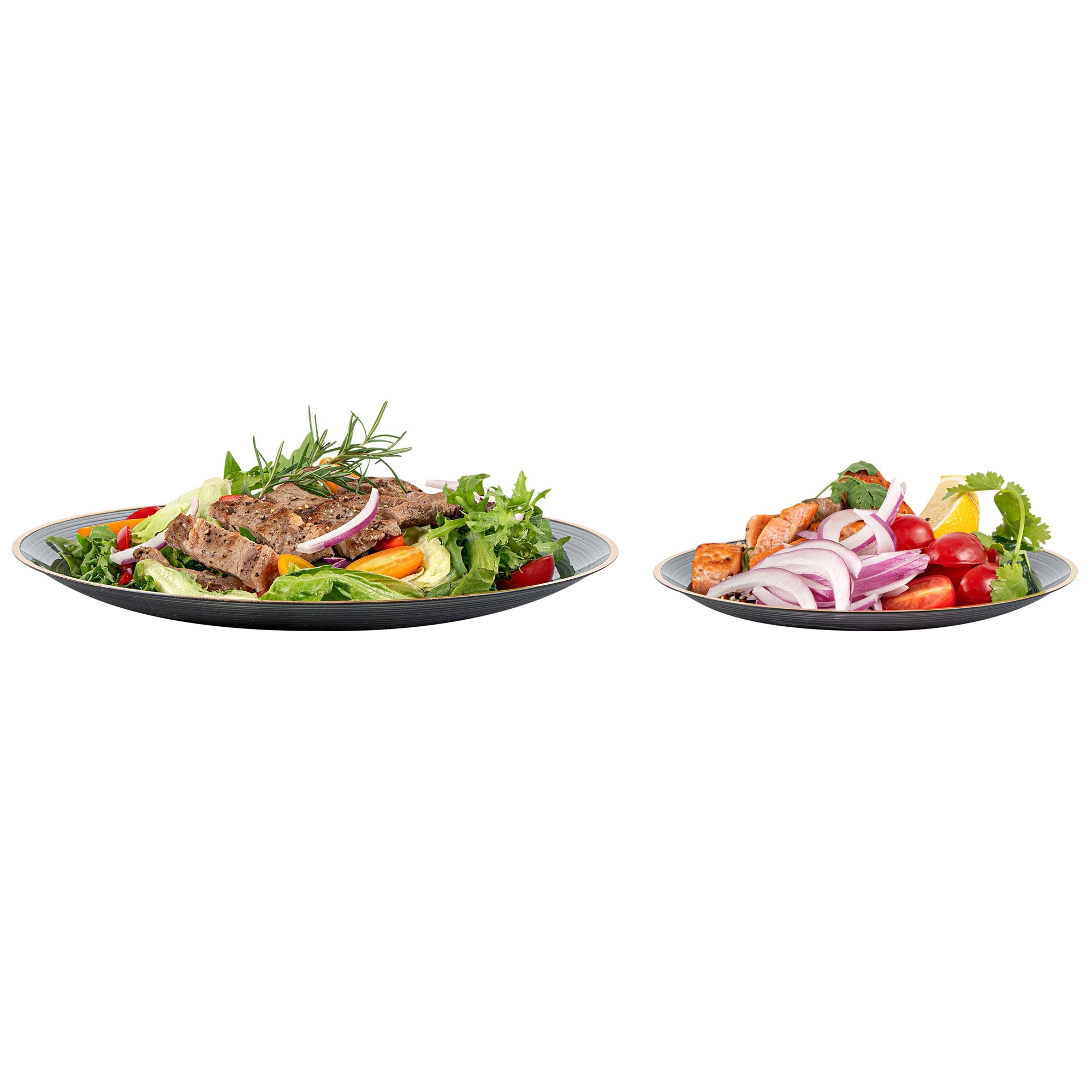 Moderna Round Black Translucent Plastic Gold-Rimmed Plate Set - Rippled, Includes 7 1/4" and 10" Plates - 40 count box