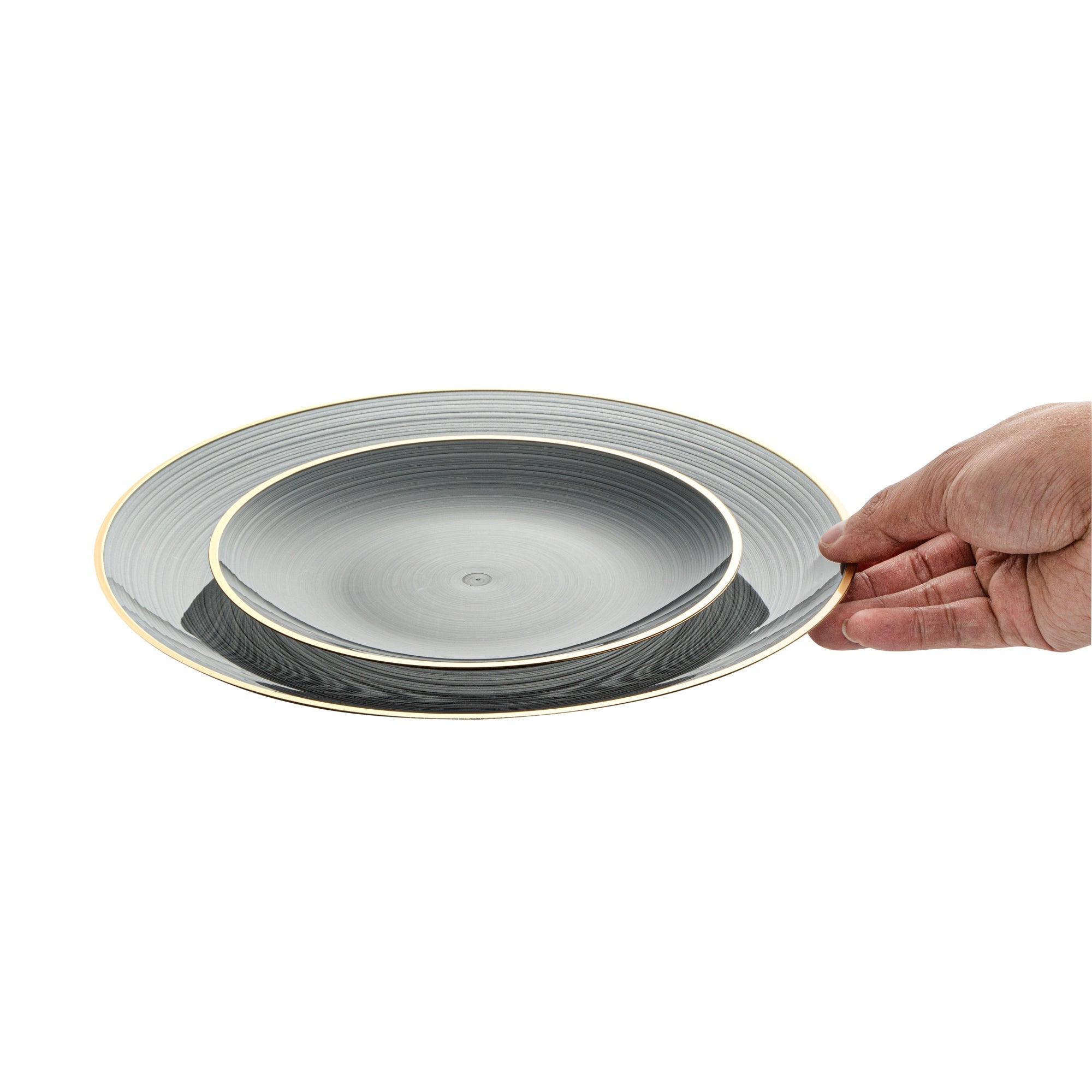 Moderna Round Black Translucent Plastic Gold-Rimmed Plate Set - Rippled, Includes 7 1/4" and 10" Plates - 40 count box