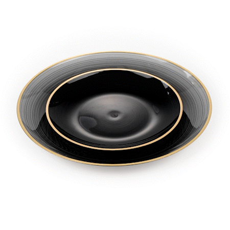 Moderna Round Black Translucent Plastic Gold-Rimmed Plate Set - Rippled, Includes 7 1/4" and 10" Plates - 40 count box