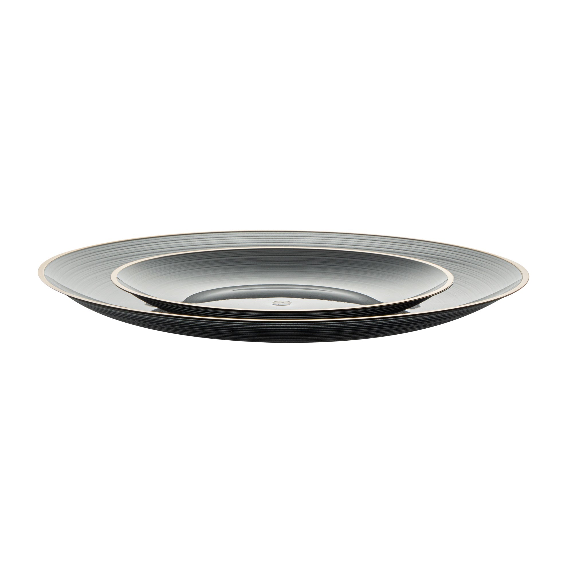 Moderna Round Black Translucent Plastic Gold-Rimmed Plate Set - Rippled, Includes 7 1/4" and 10" Plates - 40 count box
