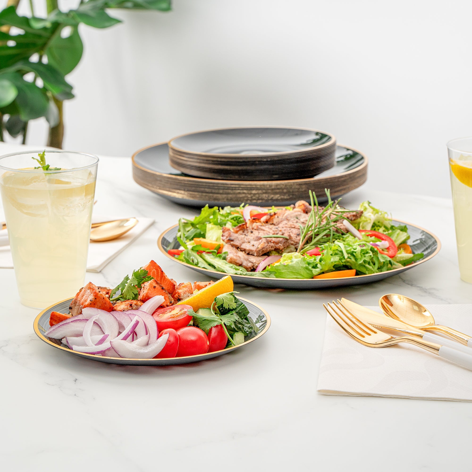 Moderna Round Black Translucent Plastic Gold-Rimmed Plate Set - Rippled, Includes 7 1/4" and 10" Plates - 40 count box
