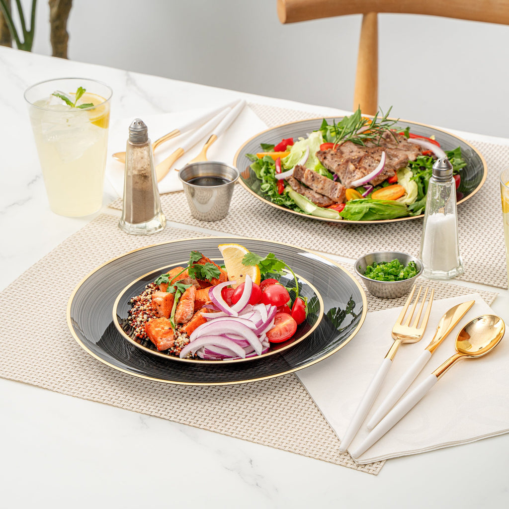 Moderna Round Black Translucent Plastic Gold-Rimmed Plate Set - Rippled, Includes 7 1/4" and 10" Plates - 40 count box