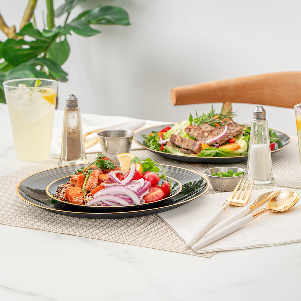 Moderna Round Black Translucent Plastic Gold-Rimmed Plate Set - Rippled, Includes 7 1/4" and 10" Plates - 40 count box