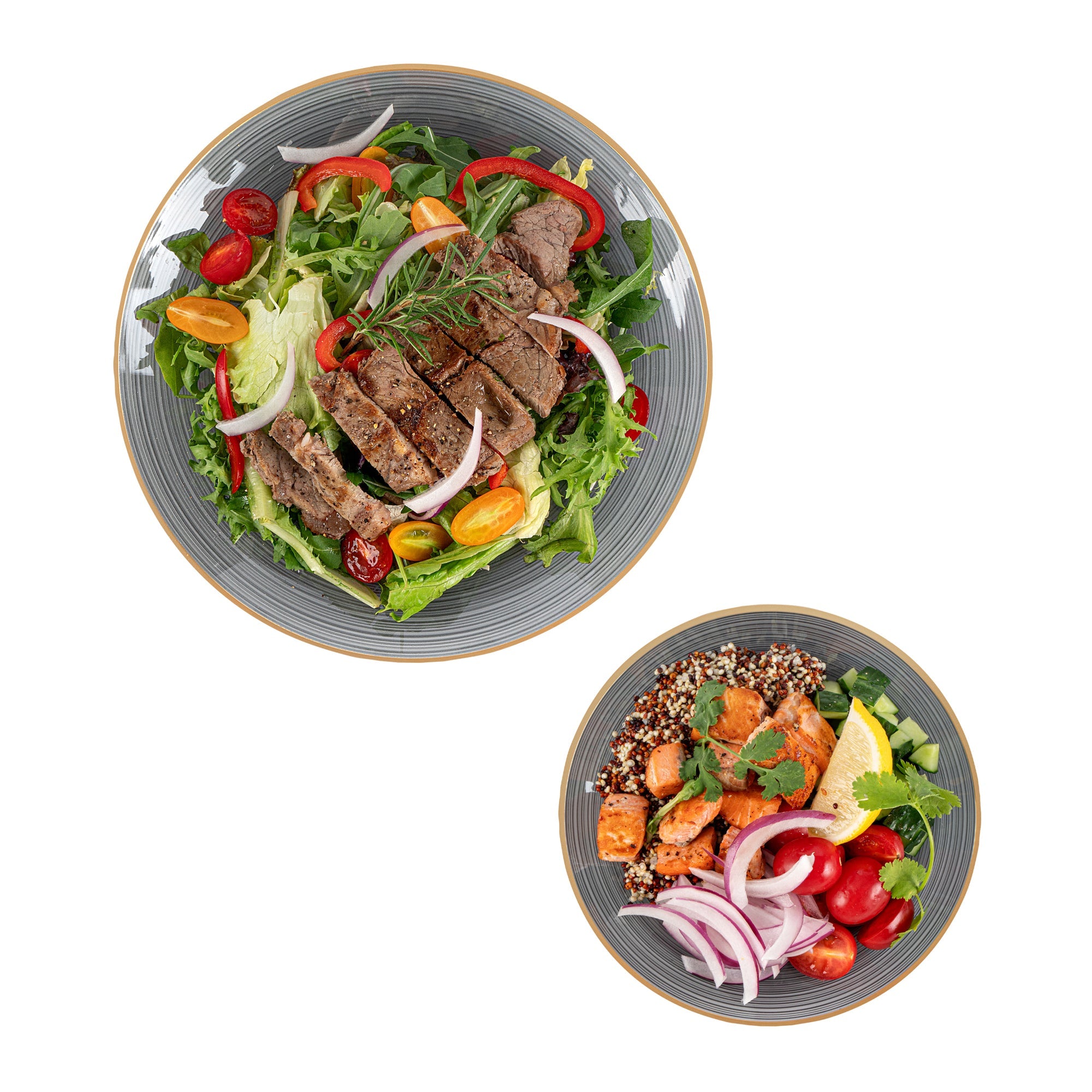 Moderna Round Black Translucent Plastic Gold-Rimmed Plate Set - Rippled, Includes 7 1/4" and 10" Plates - 200 count box