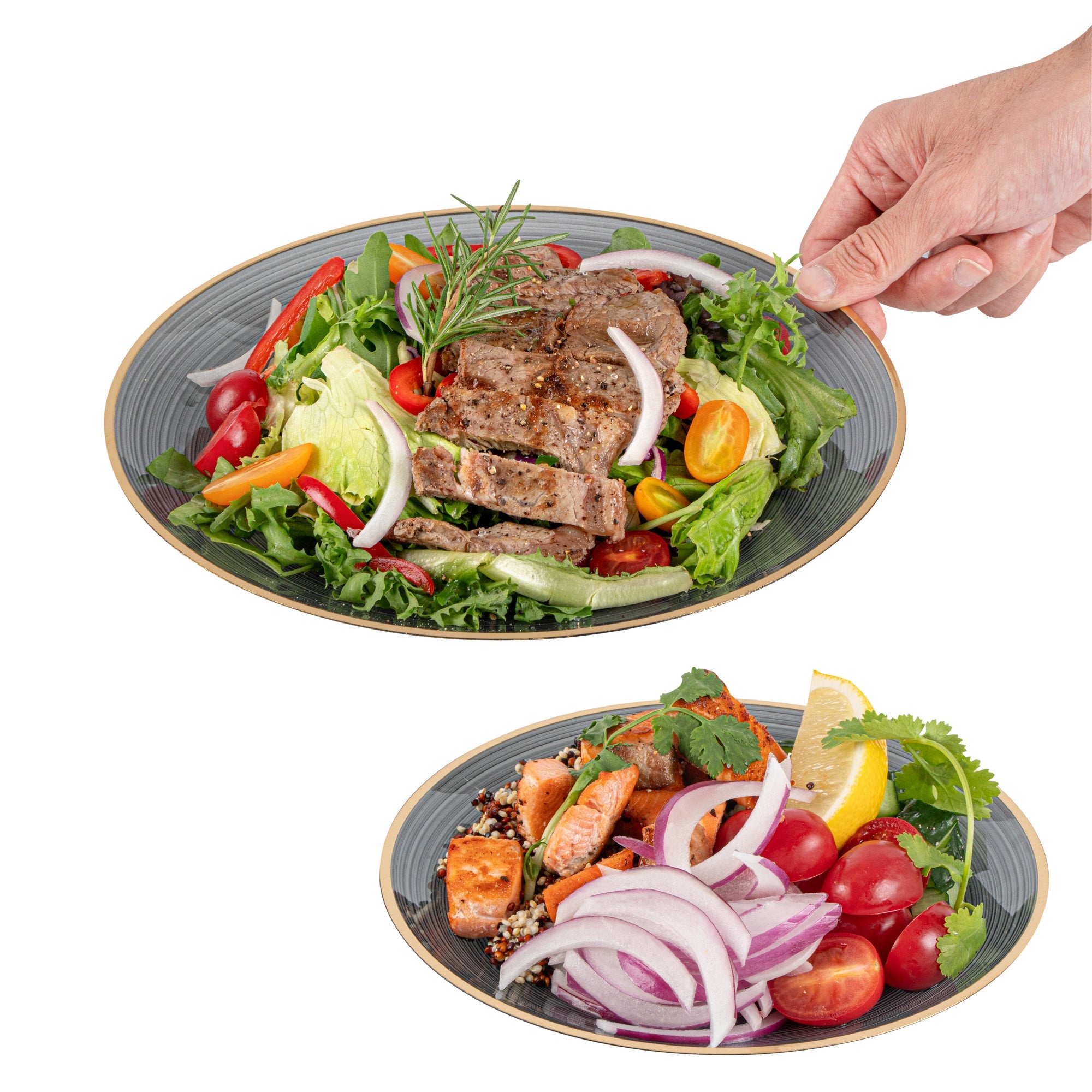 Moderna Round Black Translucent Plastic Gold-Rimmed Plate Set - Rippled, Includes 7 1/4" and 10" Plates - 200 count box