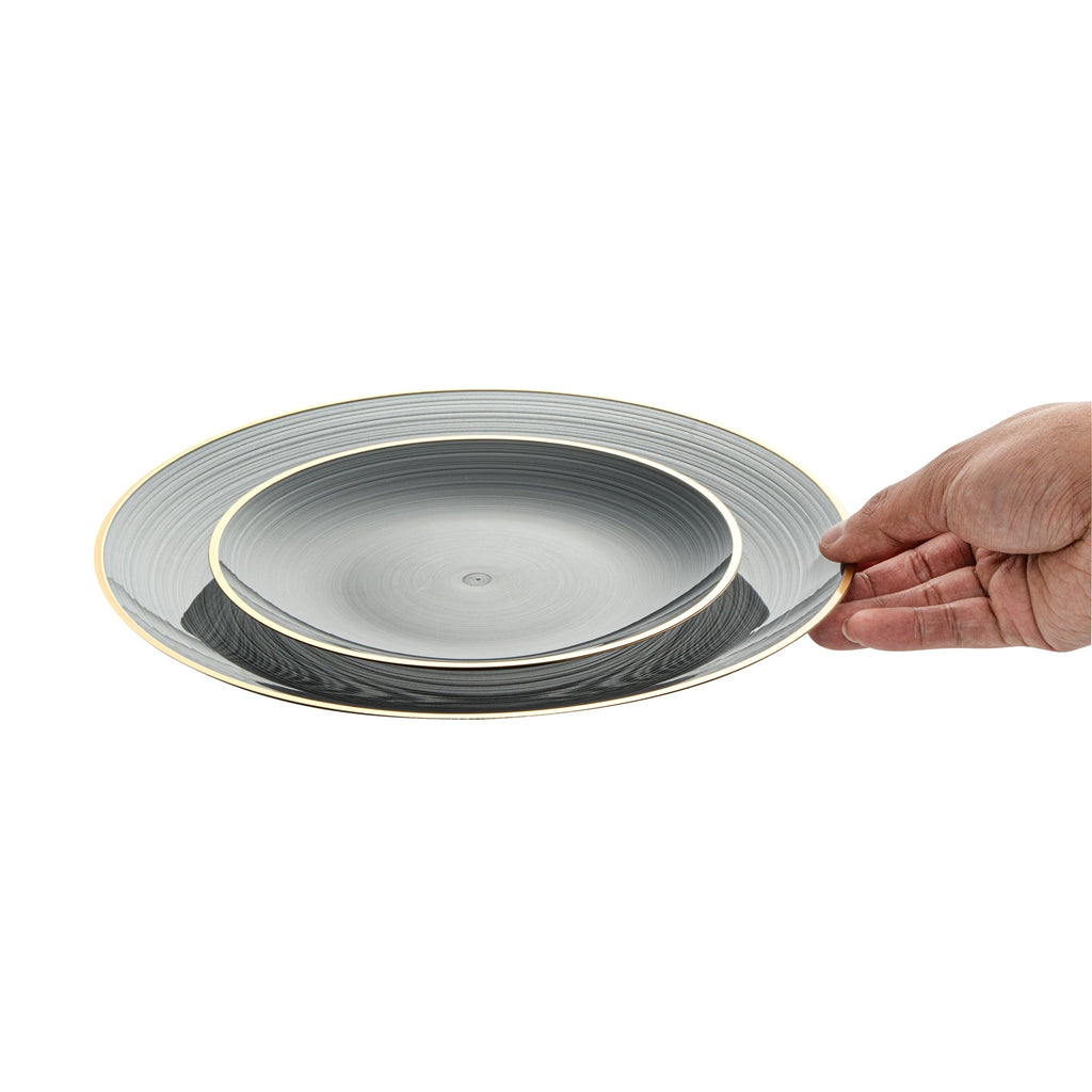 Moderna Round Black Translucent Plastic Gold-Rimmed Plate Set - Rippled, Includes 7 1/4" and 10" Plates - 200 count box