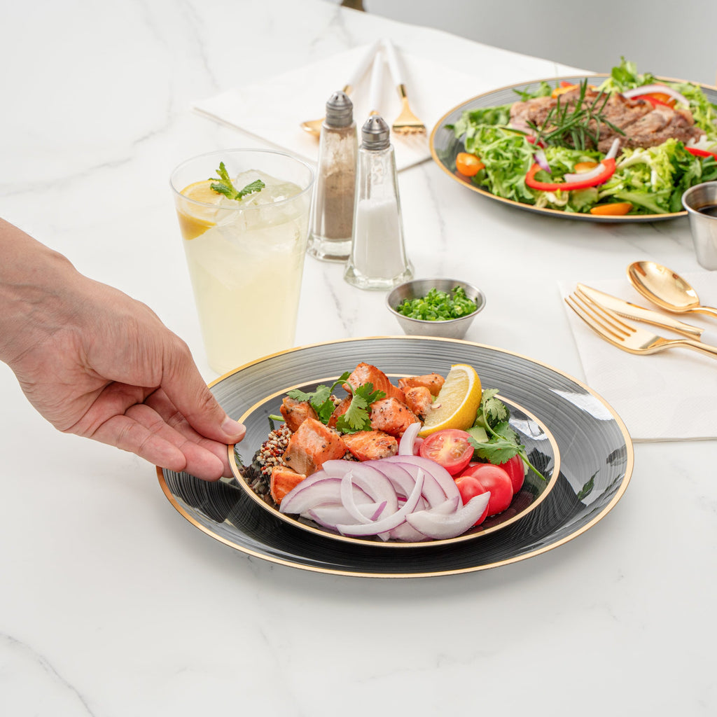 Moderna Round Black Translucent Plastic Gold-Rimmed Plate Set - Rippled, Includes 7 1/4" and 10" Plates - 200 count box
