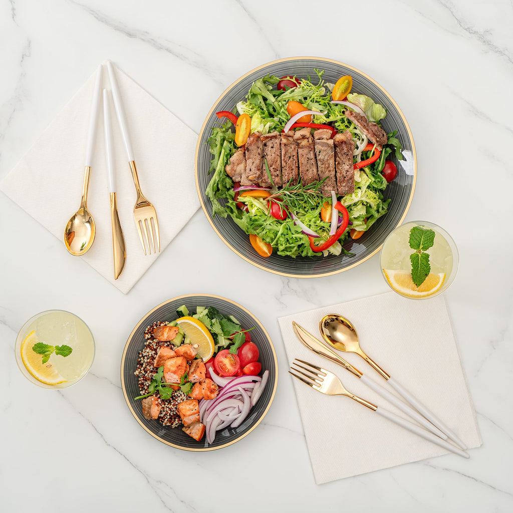 Moderna Round Black Translucent Plastic Gold-Rimmed Plate Set - Rippled, Includes 7 1/4" and 10" Plates - 200 count box
