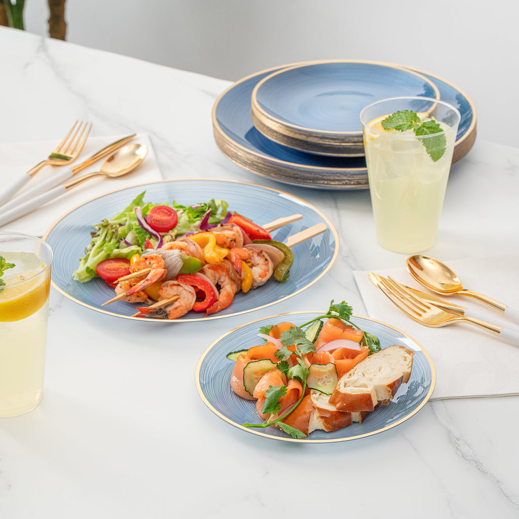 Moderna Round Blue Translucent Plastic Gold-Rimmed Plate Set - Rippled, Includes 7 1/4" and 10" Plates - 200 count box
