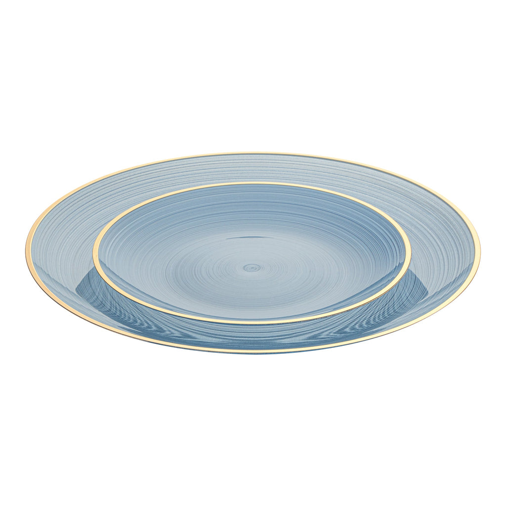 Moderna Round Blue Translucent Plastic Gold-Rimmed Plate Set - Rippled, Includes 7 1/4" and 10" Plates - 40 count box