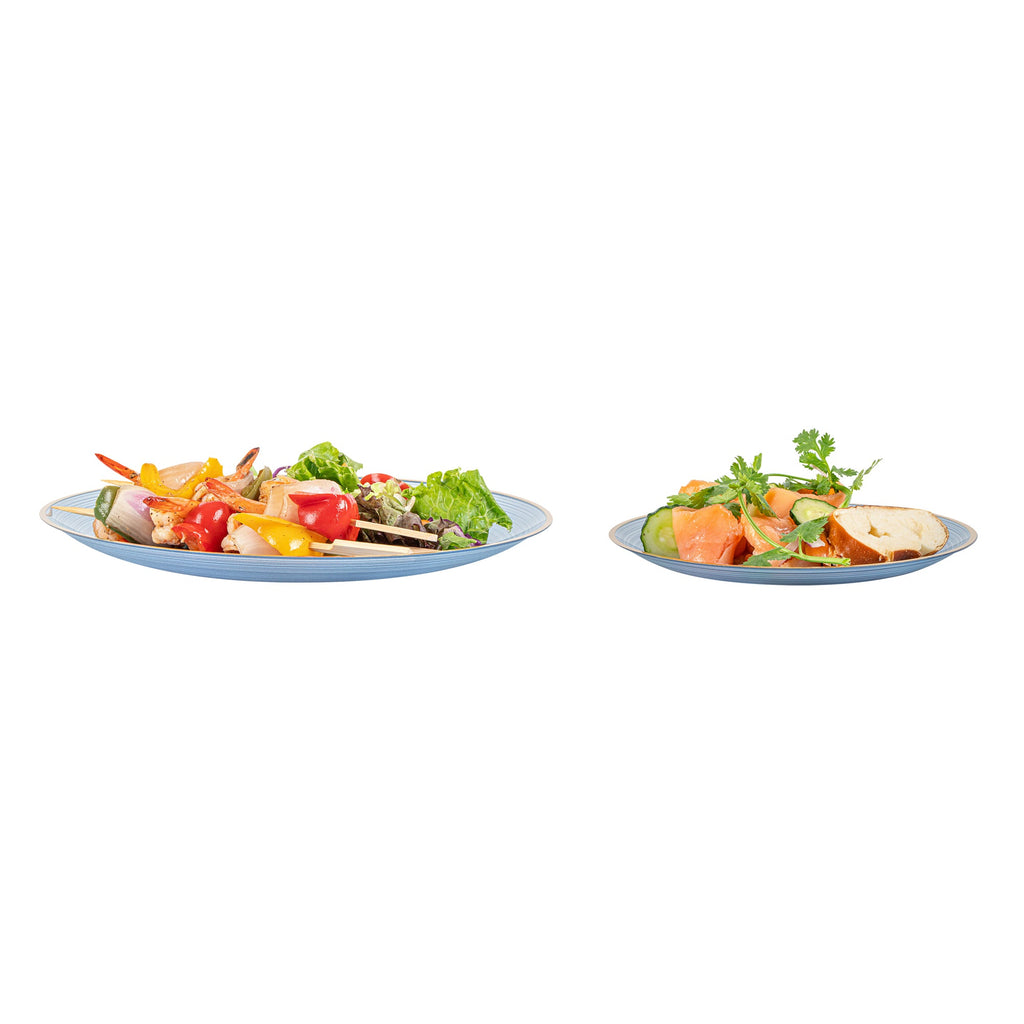 Moderna Round Blue Translucent Plastic Gold-Rimmed Plate Set - Rippled, Includes 7 1/4" and 10" Plates - 40 count box