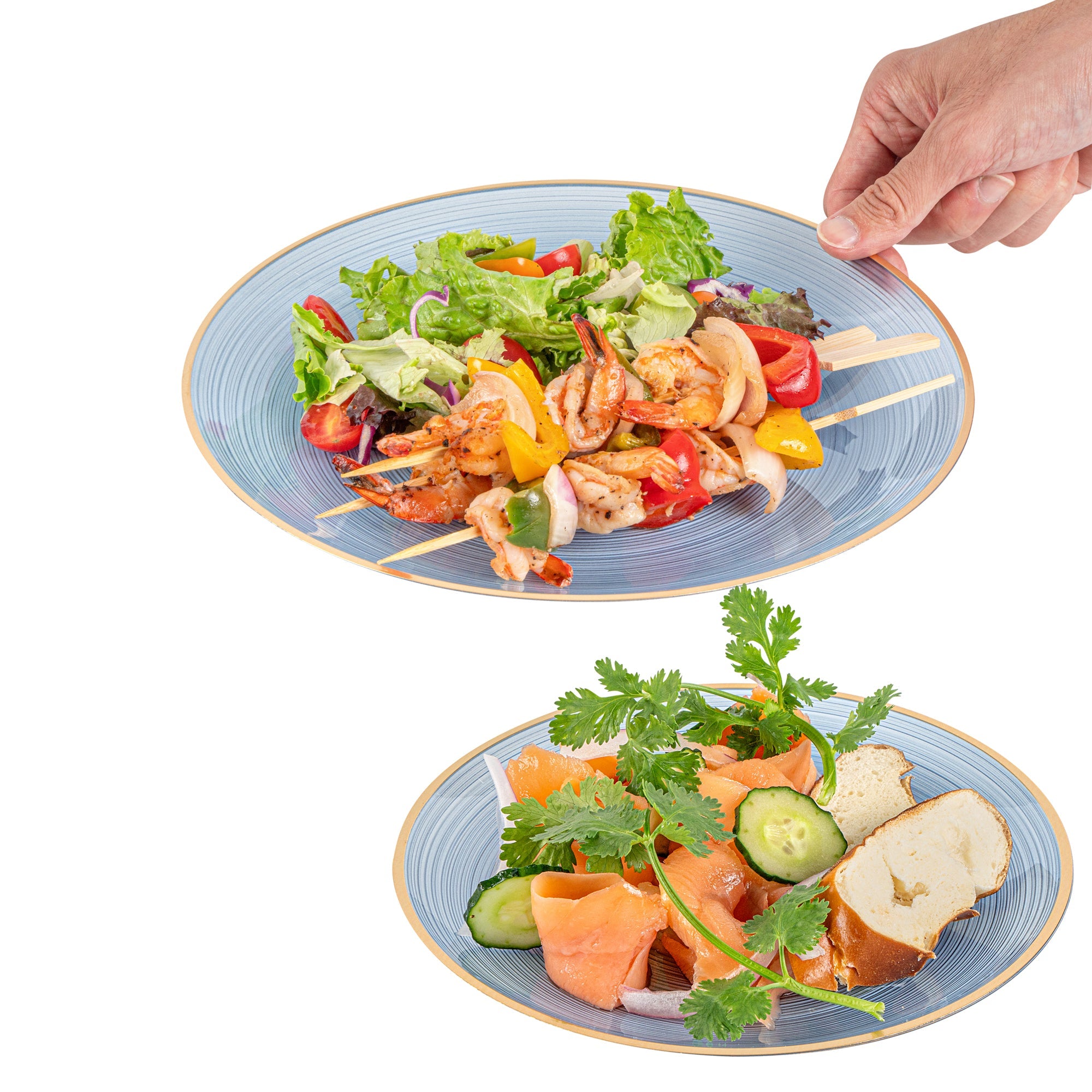 Moderna Round Blue Translucent Plastic Gold-Rimmed Plate Set - Rippled, Includes 7 1/4" and 10" Plates - 40 count box