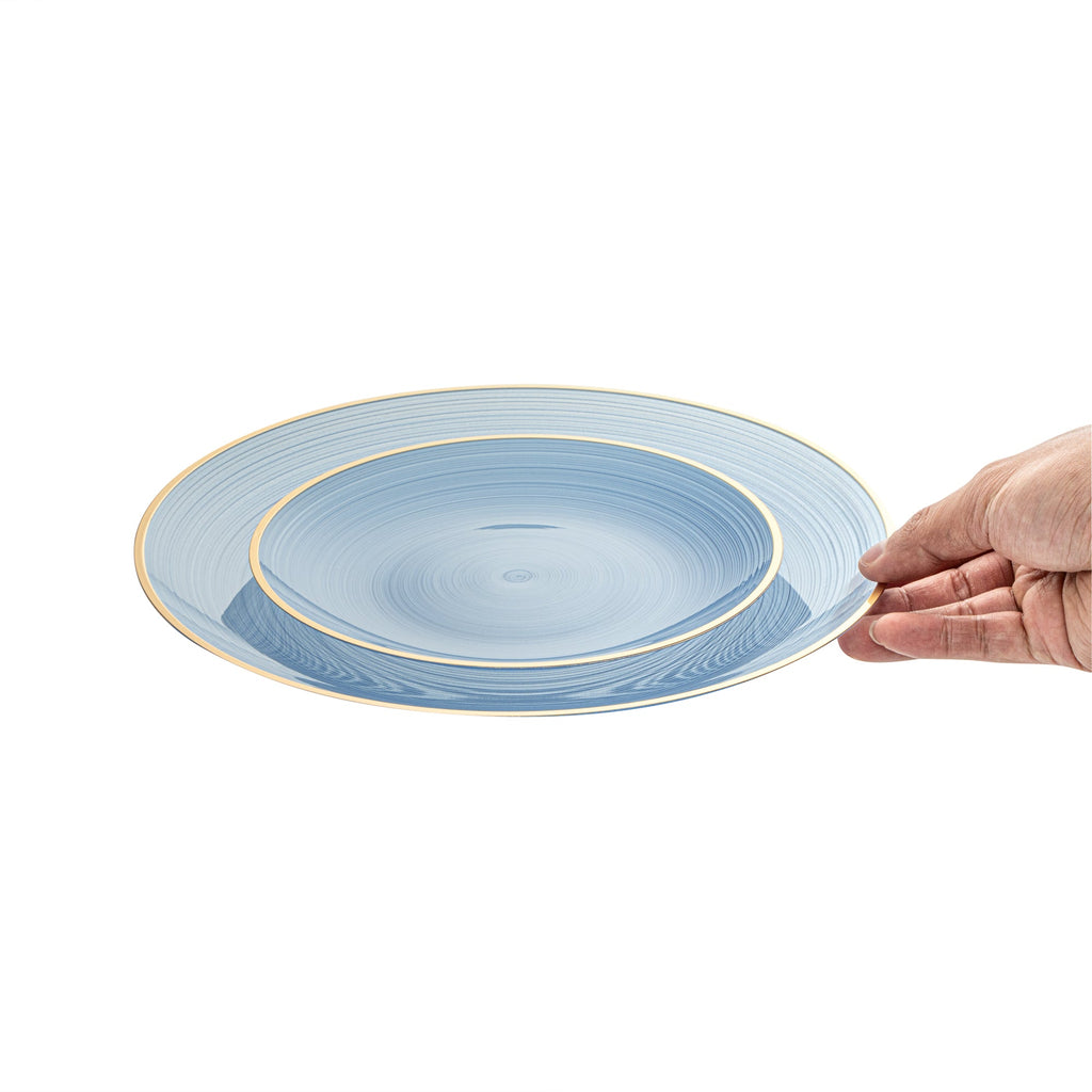 Moderna Round Blue Translucent Plastic Gold-Rimmed Plate Set - Rippled, Includes 7 1/4" and 10" Plates - 40 count box