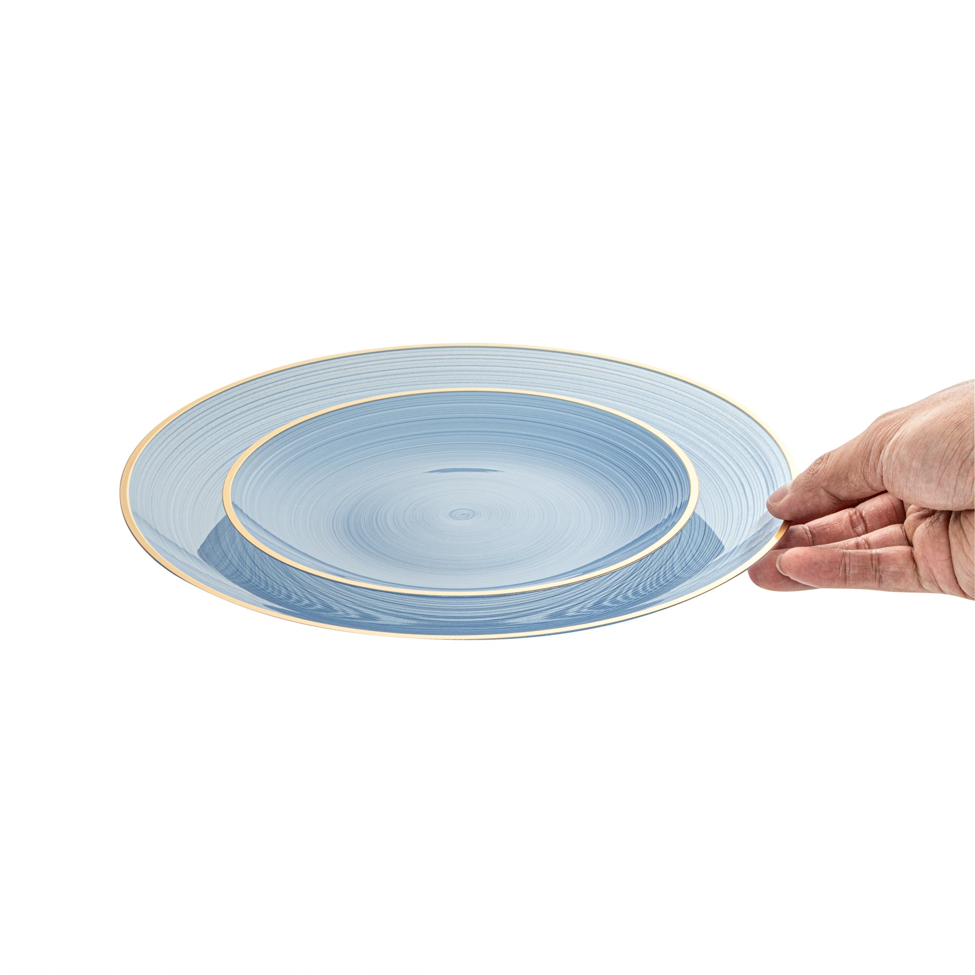 Moderna Round Blue Translucent Plastic Gold-Rimmed Plate Set - Rippled, Includes 7 1/4" and 10" Plates - 40 count box