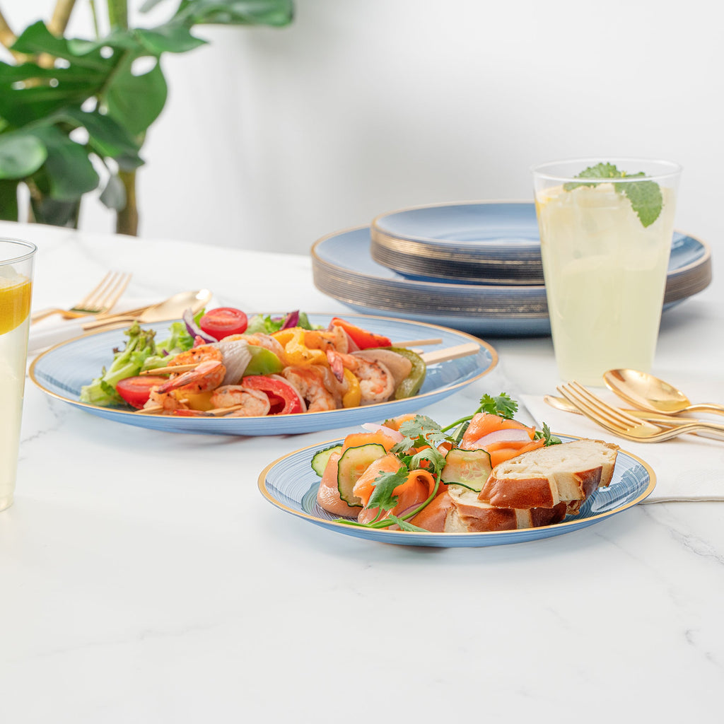 Moderna Round Blue Translucent Plastic Gold-Rimmed Plate Set - Rippled, Includes 7 1/4" and 10" Plates - 40 count box