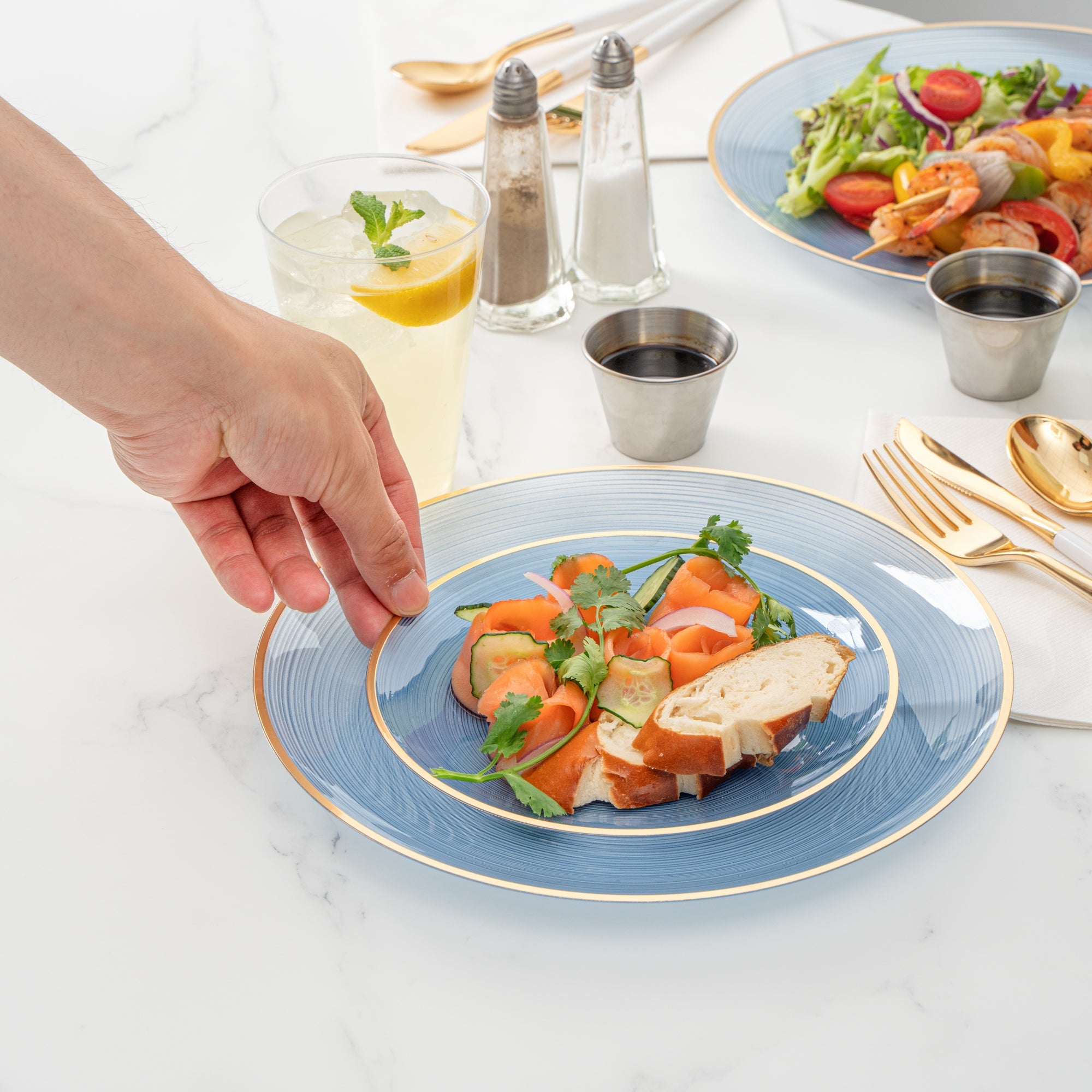 Moderna Round Blue Translucent Plastic Gold-Rimmed Plate Set - Rippled, Includes 7 1/4" and 10" Plates - 40 count box