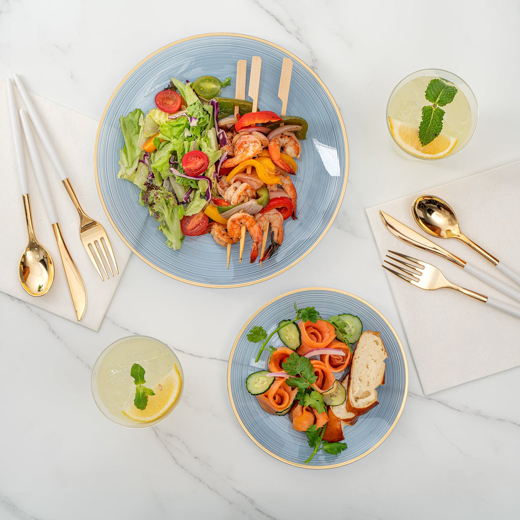 Moderna Round Blue Translucent Plastic Gold-Rimmed Plate Set - Rippled, Includes 7 1/4" and 10" Plates - 40 count box