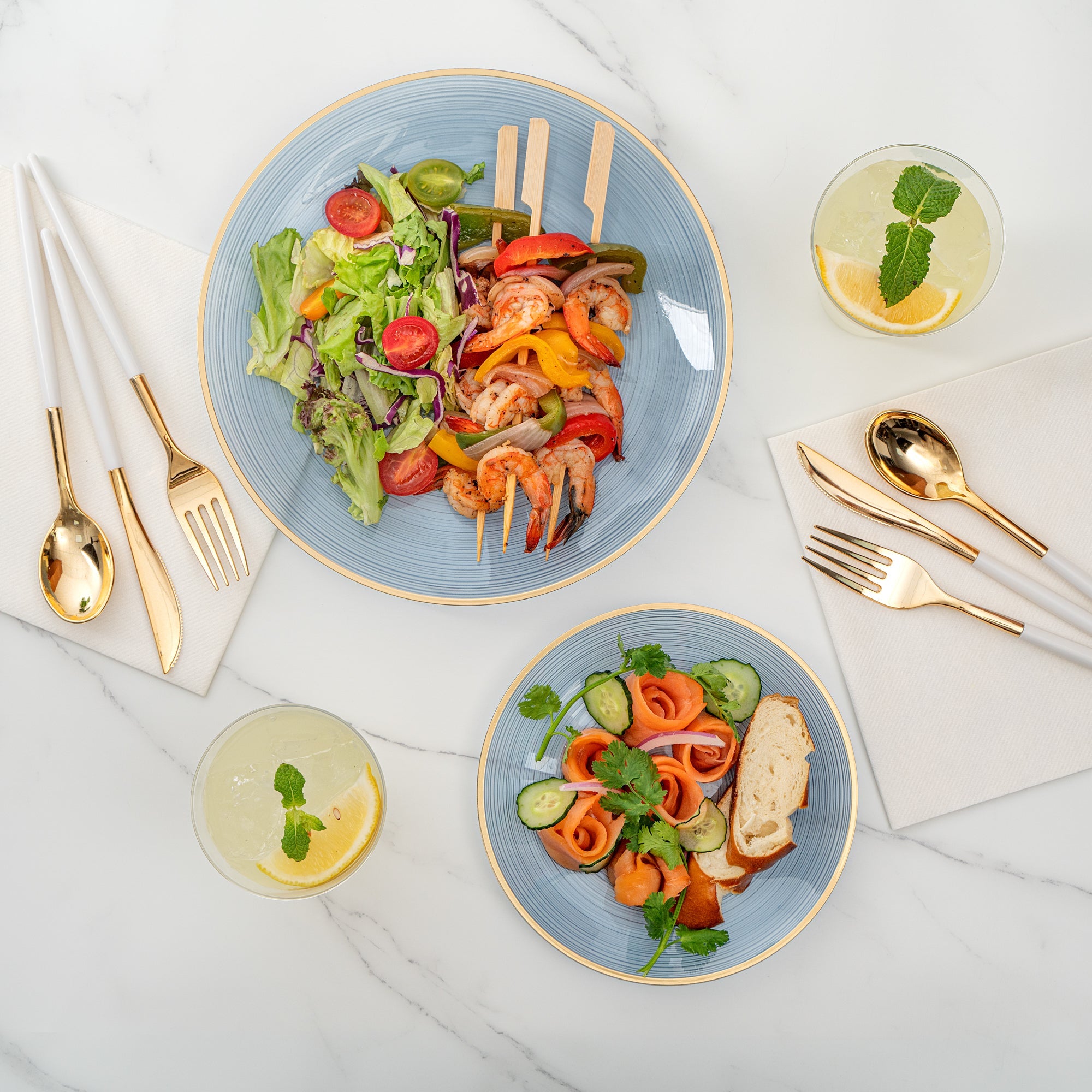 Moderna Round Blue Translucent Plastic Gold-Rimmed Plate Set - Rippled, Includes 7 1/4" and 10" Plates - 40 count box