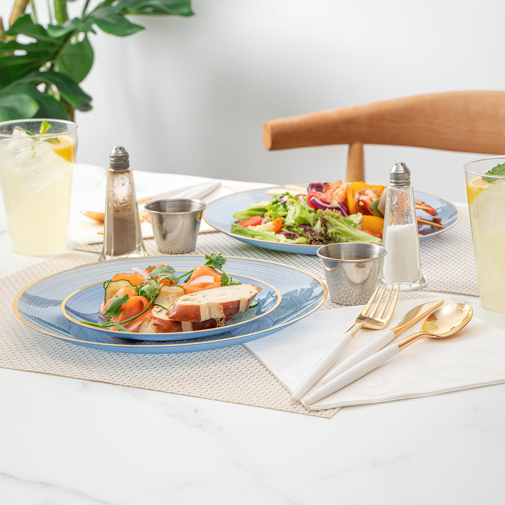 Moderna Round Blue Translucent Plastic Gold-Rimmed Plate Set - Rippled, Includes 7 1/4" and 10" Plates - 40 count box