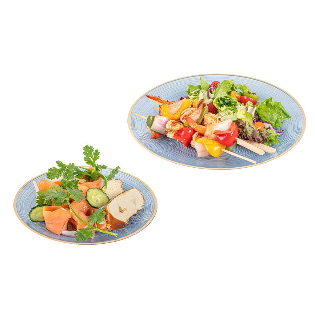 Moderna Round Blue Translucent Plastic Gold-Rimmed Plate Set - Rippled, Includes 7 1/4" and 10" Plates - 200 count box