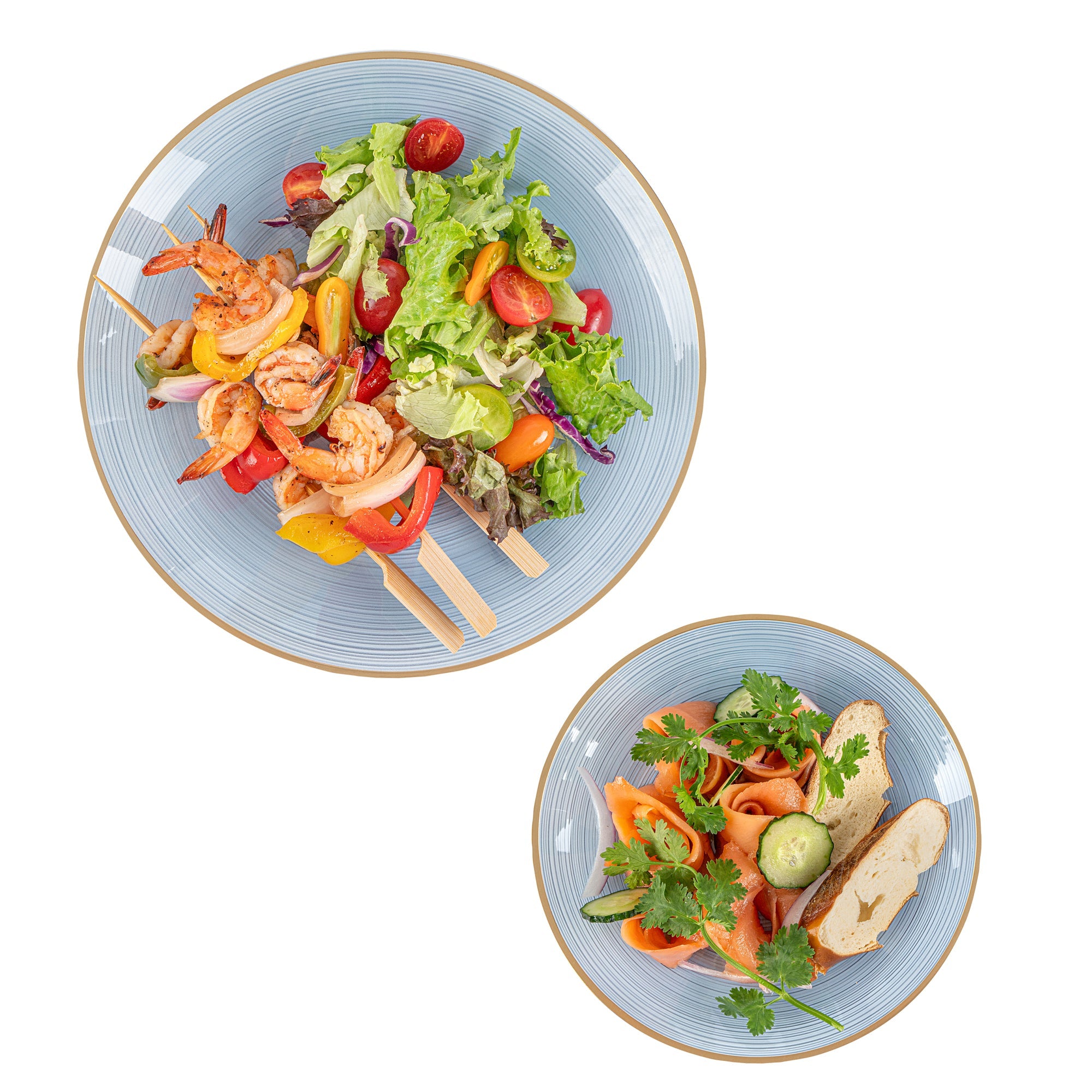 Moderna Round Blue Translucent Plastic Gold-Rimmed Plate Set - Rippled, Includes 7 1/4" and 10" Plates - 200 count box