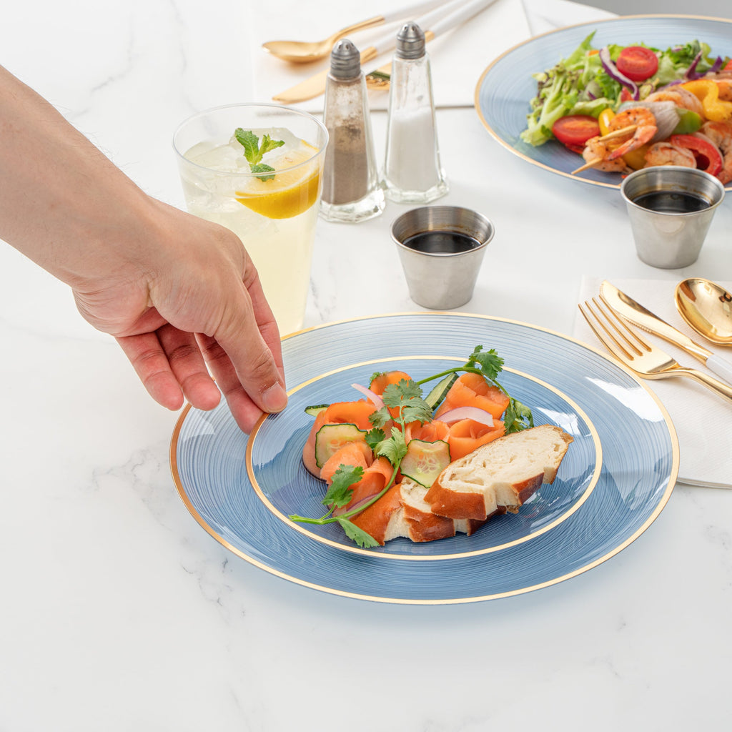 Moderna Round Blue Translucent Plastic Gold-Rimmed Plate Set - Rippled, Includes 7 1/4" and 10" Plates - 200 count box