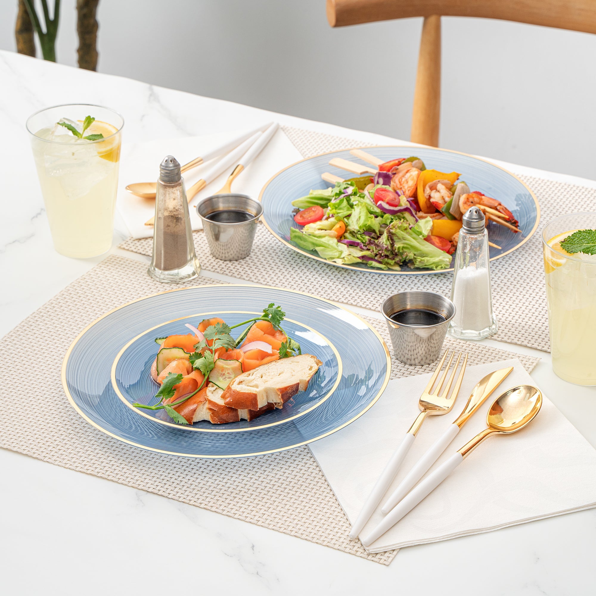 Moderna Round Blue Translucent Plastic Gold-Rimmed Plate Set - Rippled, Includes 7 1/4" and 10" Plates - 200 count box