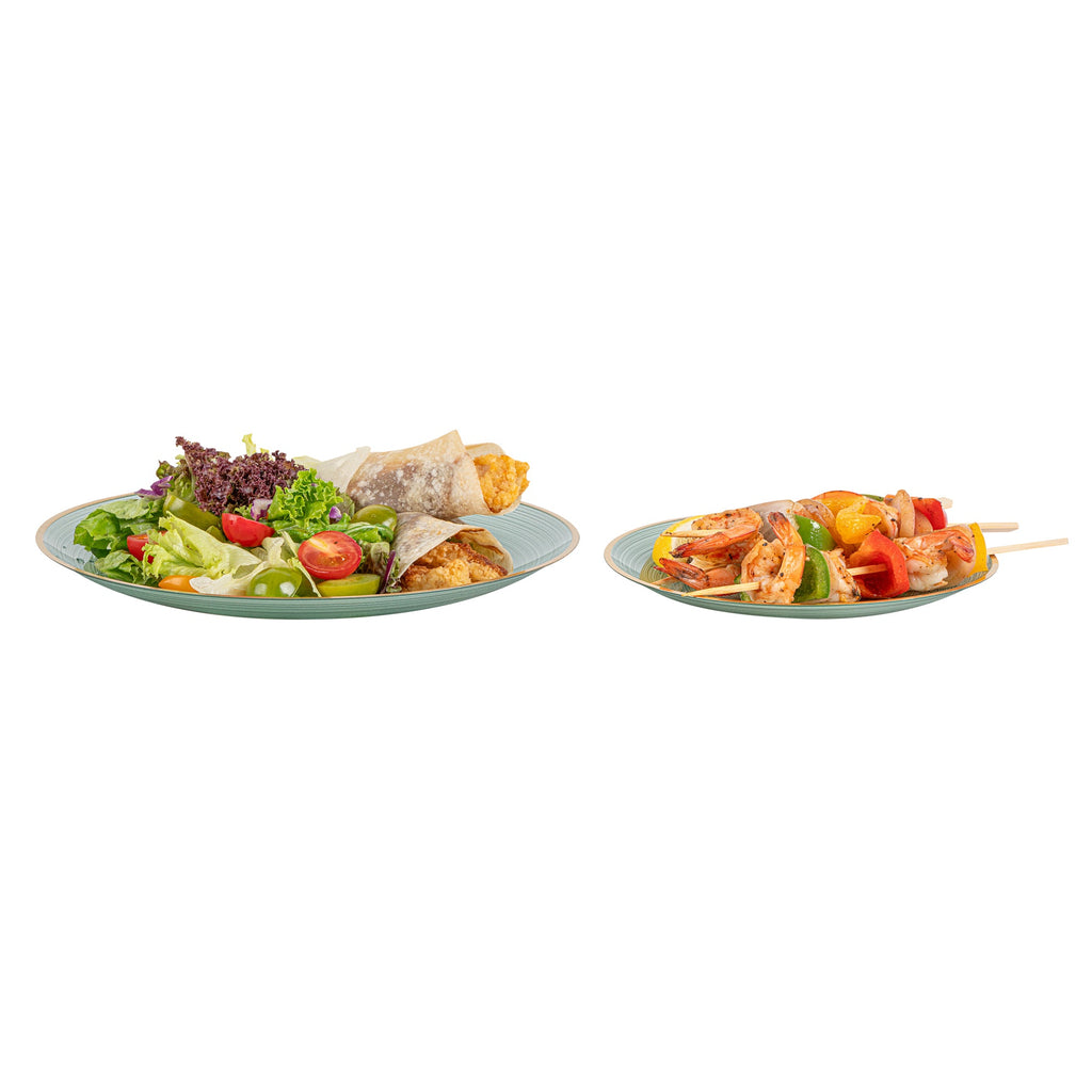 Moderna Round Green Translucent Plastic Gold-Rimmed Plate Set - Rippled, Includes 7 1/4" and 10" Plates - 200 count box