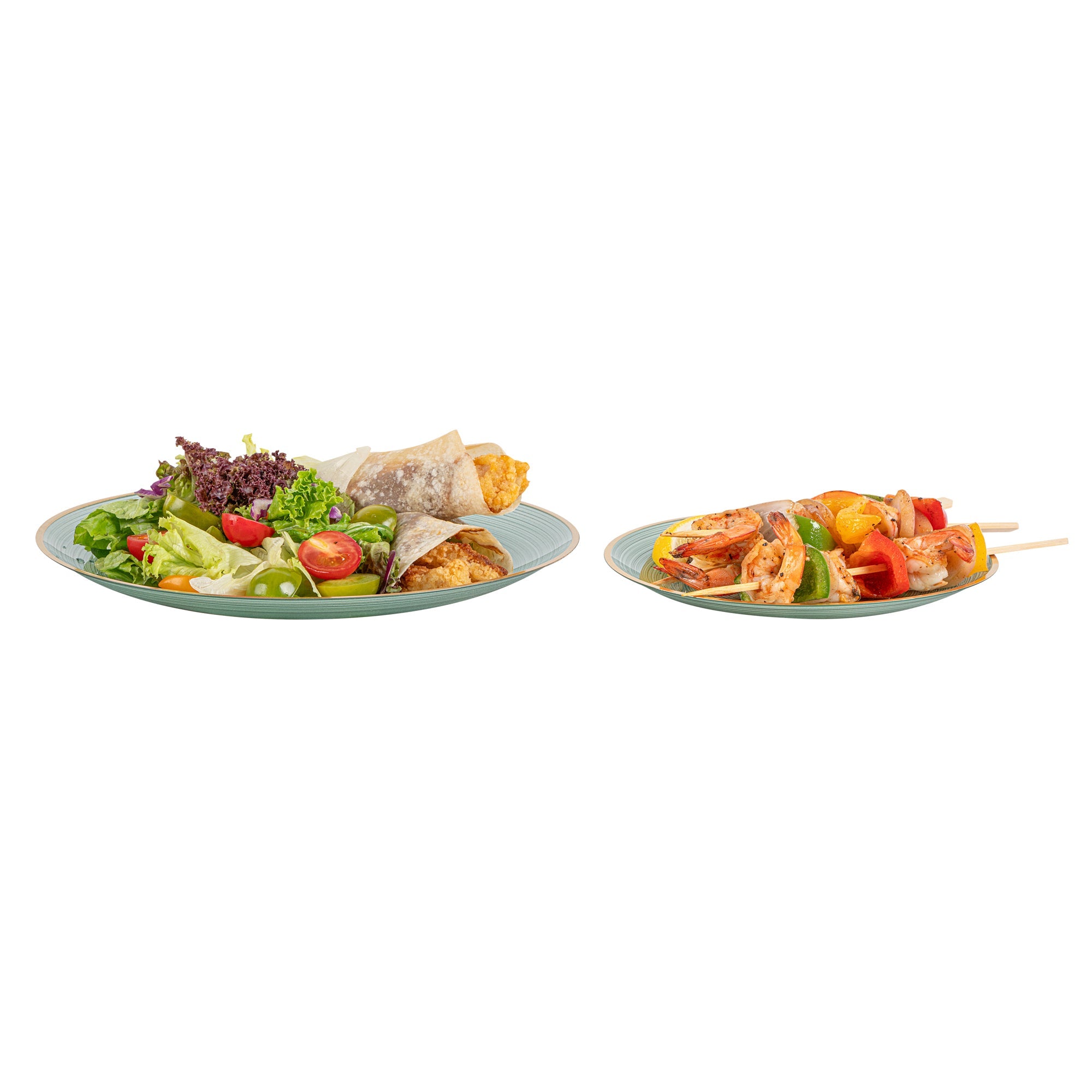 Moderna Round Green Translucent Plastic Gold-Rimmed Plate Set - Rippled, Includes 7 1/4" and 10" Plates - 200 count box
