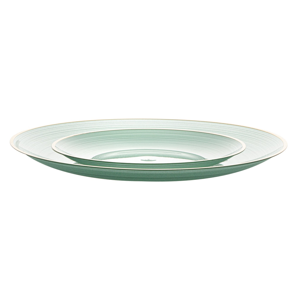 Moderna Round Green Translucent Plastic Gold-Rimmed Plate Set - Rippled, Includes 7 1/4" and 10" Plates - 200 count box