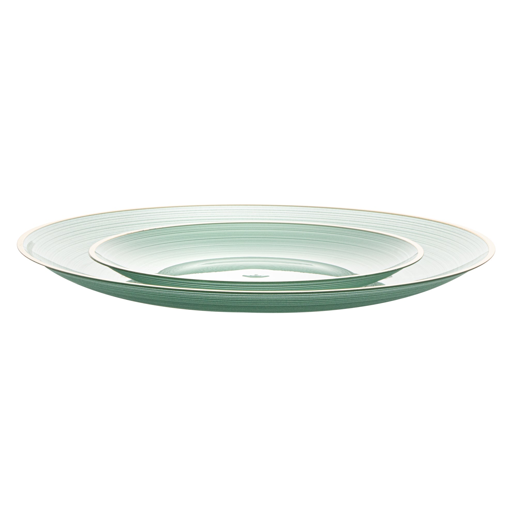 Moderna Round Green Translucent Plastic Gold-Rimmed Plate Set - Rippled, Includes 7 1/4" and 10" Plates - 200 count box