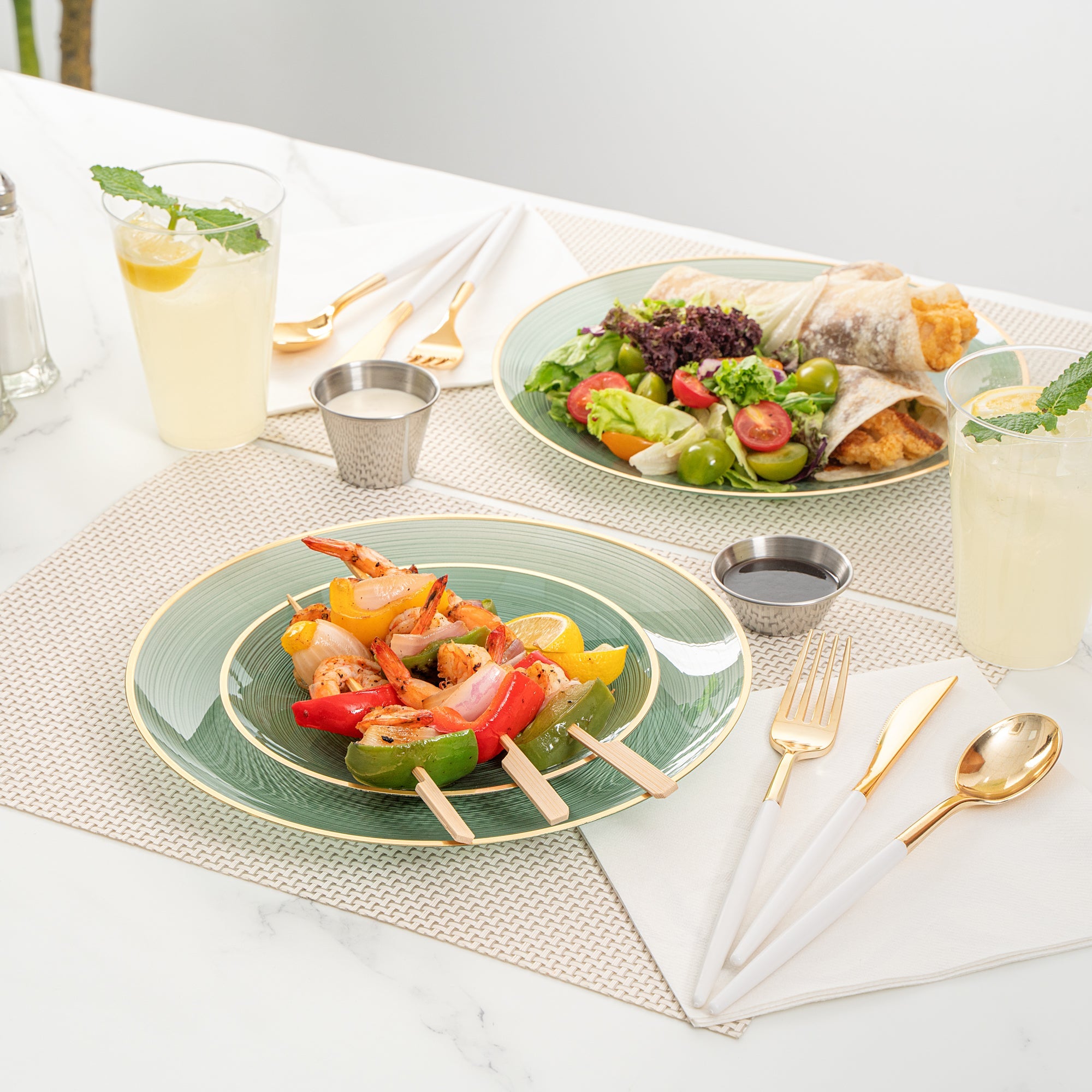 Moderna Round Green Translucent Plastic Gold-Rimmed Plate Set - Rippled, Includes 7 1/4" and 10" Plates - 200 count box
