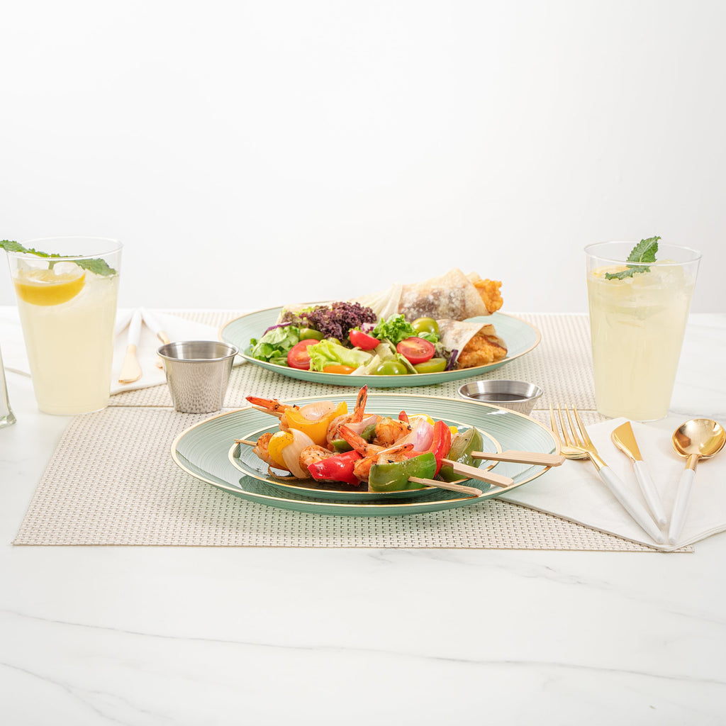 Moderna Round Green Translucent Plastic Gold-Rimmed Plate Set - Rippled, Includes 7 1/4" and 10" Plates - 200 count box