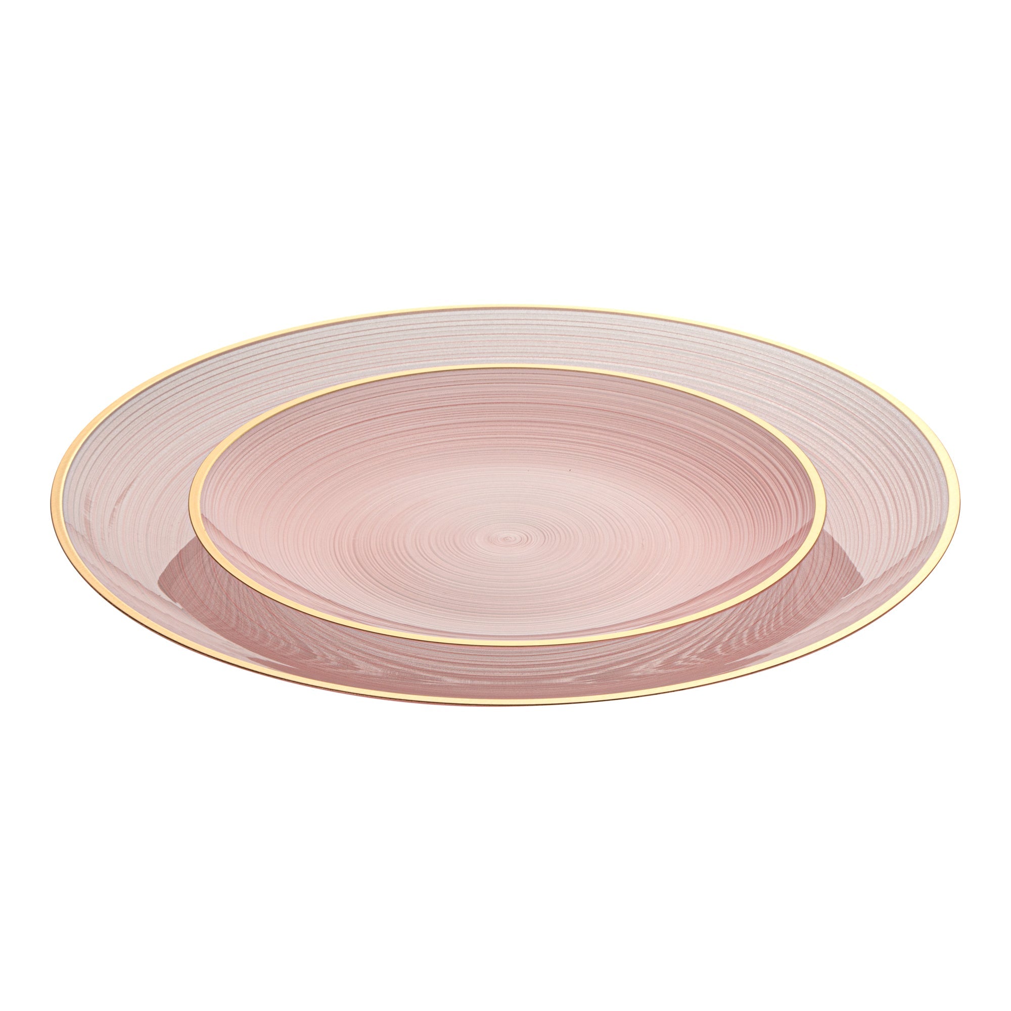 Moderna Round Pink Translucent Plastic Gold-Rimmed Plate Set - Rippled, Includes 7 1/4" and 10" Plates - 200 count box