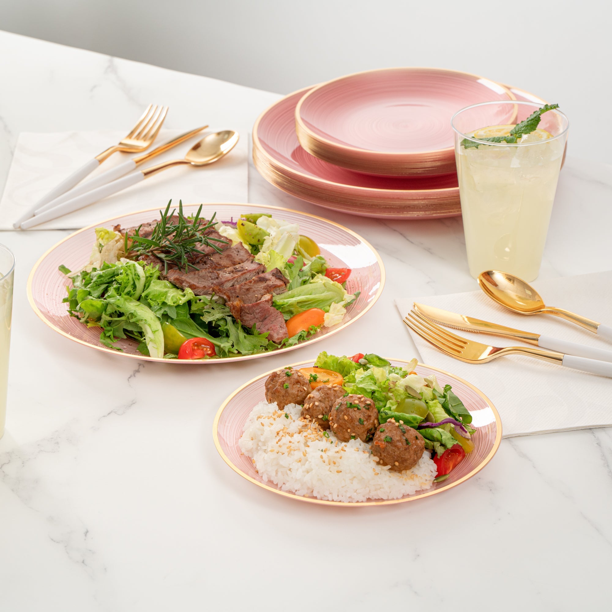 Moderna Round Pink Translucent Plastic Gold-Rimmed Plate Set - Rippled, Includes 7 1/4" and 10" Plates - 200 count box