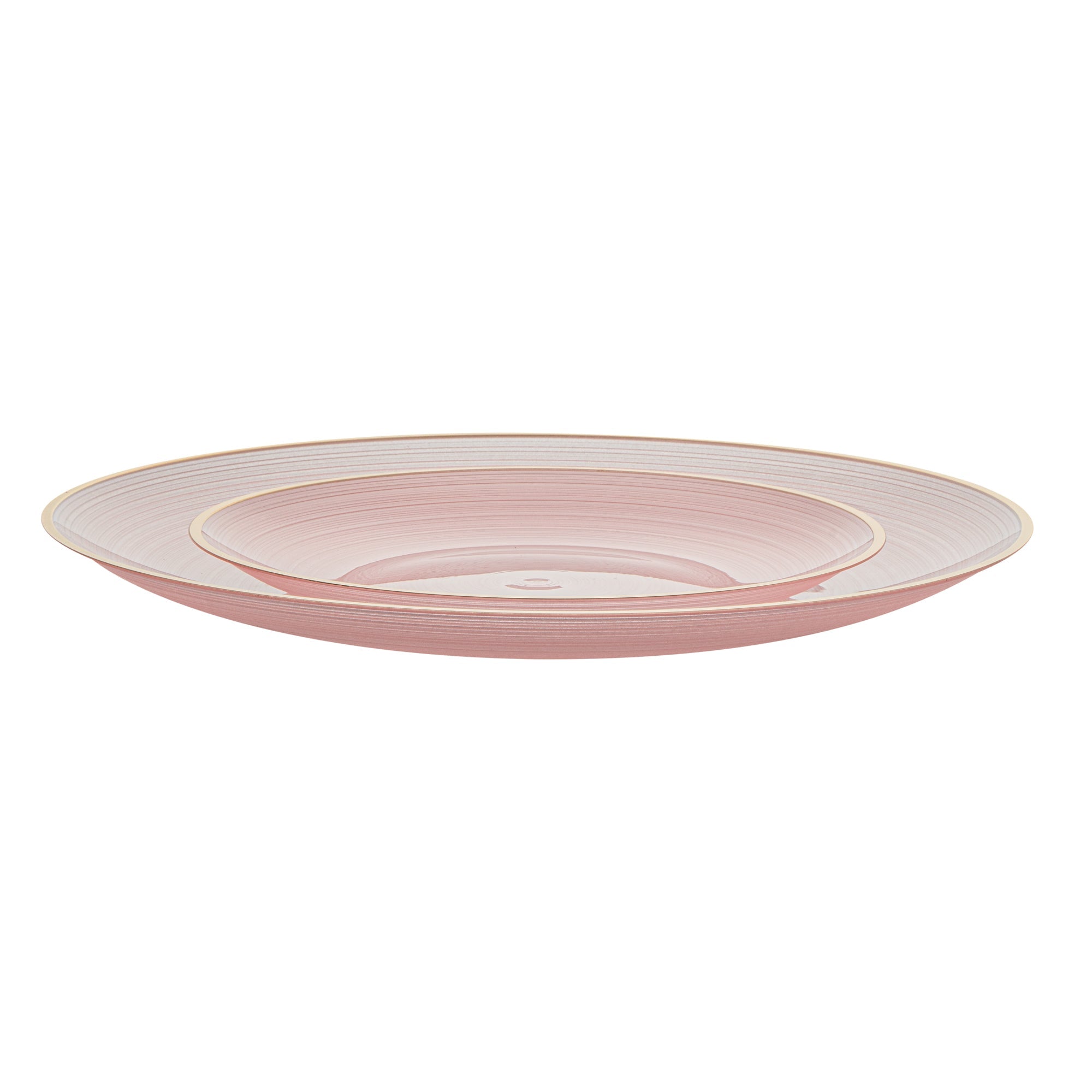 Moderna Round Pink Translucent Plastic Gold-Rimmed Plate Set - Rippled, Includes 7 1/4" and 10" Plates - 40 count box