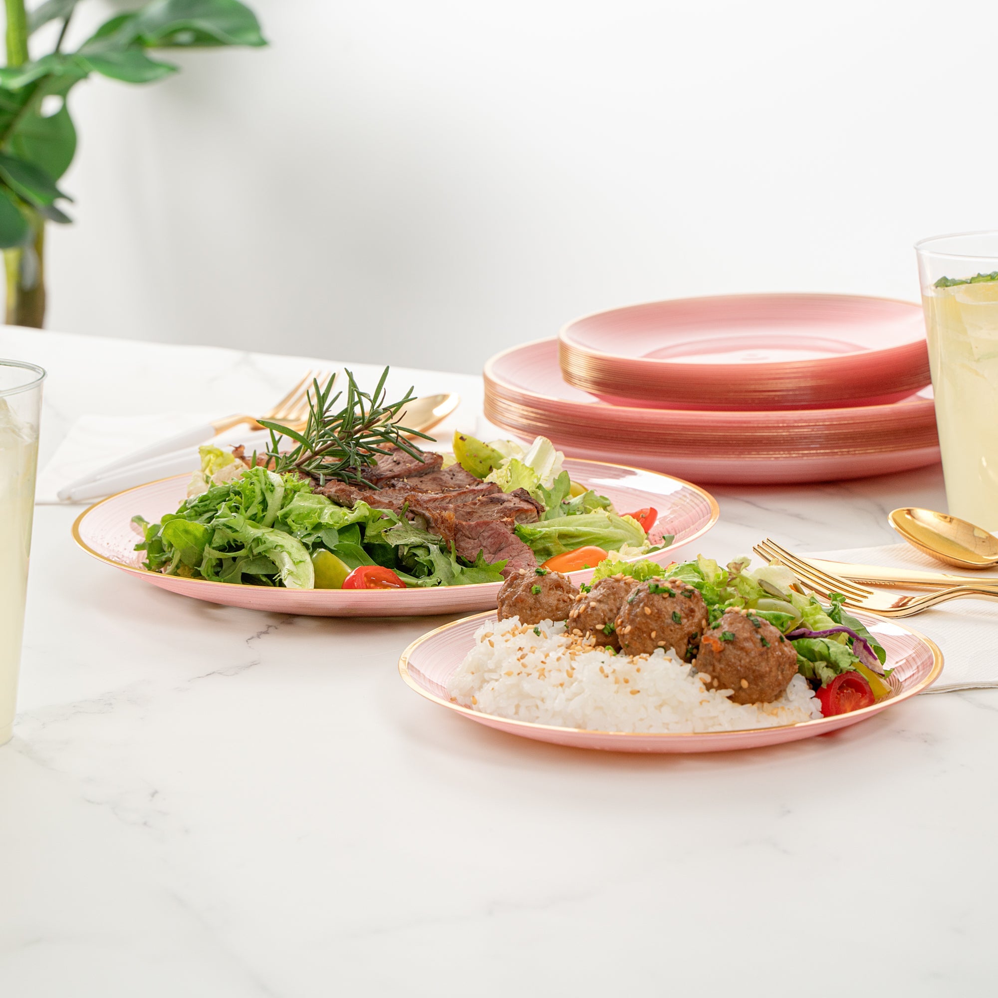 Moderna Round Pink Translucent Plastic Gold-Rimmed Plate Set - Rippled, Includes 7 1/4" and 10" Plates - 40 count box