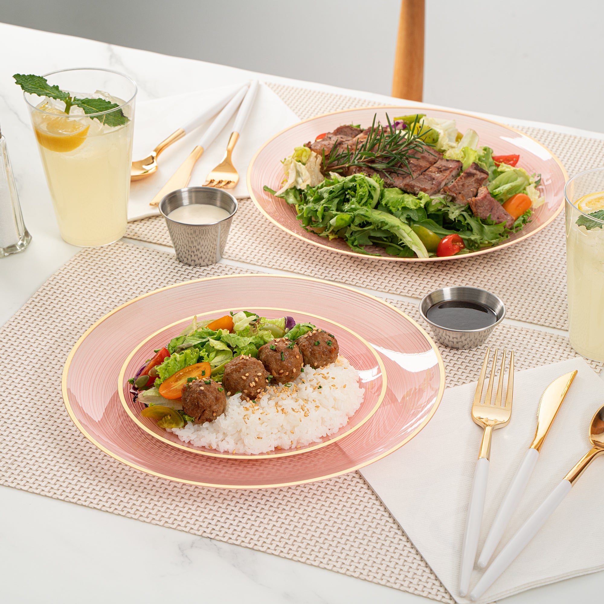 Moderna Round Pink Translucent Plastic Gold-Rimmed Plate Set - Rippled, Includes 7 1/4" and 10" Plates - 40 count box