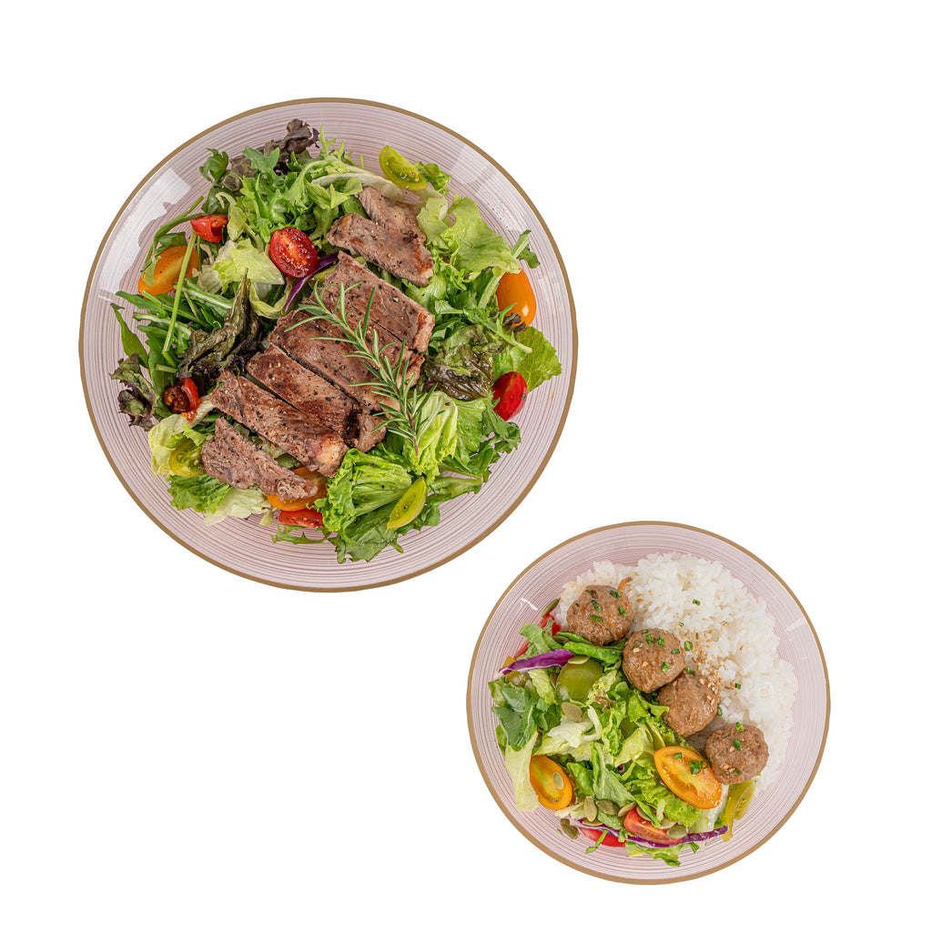 Moderna Round Pink Translucent Plastic Gold-Rimmed Plate Set - Rippled, Includes 7 1/4" and 10" Plates - 200 count box