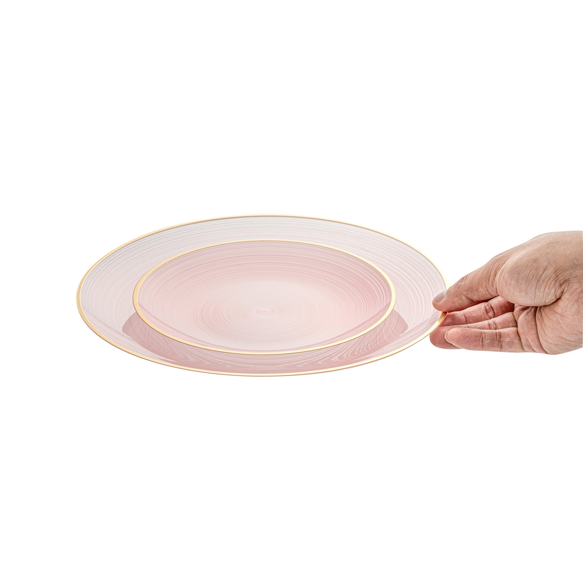 Moderna Round Pink Translucent Plastic Gold-Rimmed Plate Set - Rippled, Includes 7 1/4" and 10" Plates - 200 count box