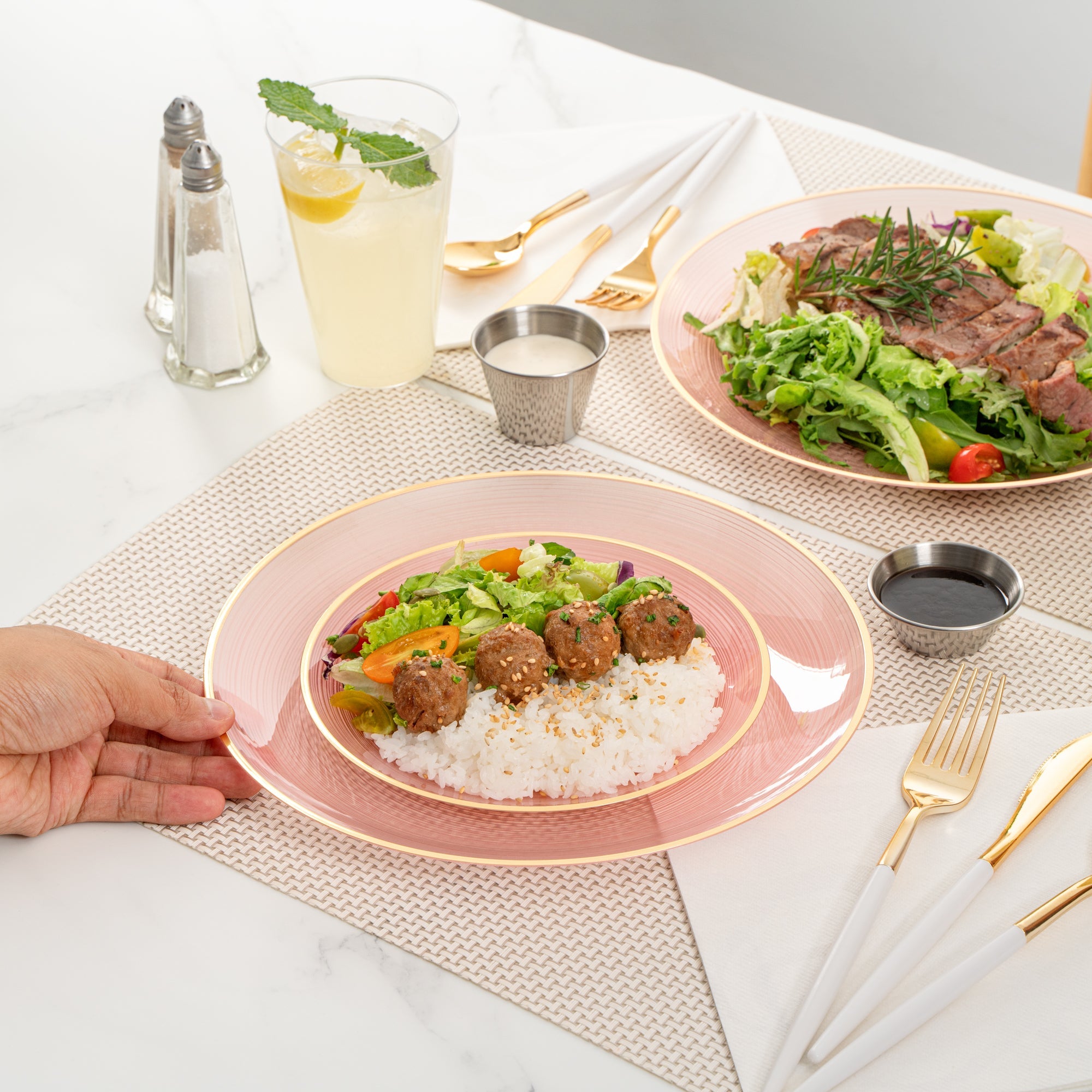 Moderna Round Pink Translucent Plastic Gold-Rimmed Plate Set - Rippled, Includes 7 1/4" and 10" Plates - 200 count box