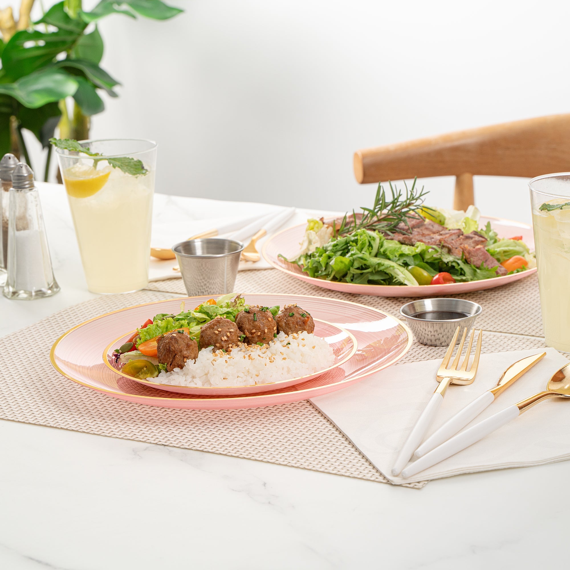 Moderna Round Pink Translucent Plastic Gold-Rimmed Plate Set - Rippled, Includes 7 1/4" and 10" Plates - 200 count box
