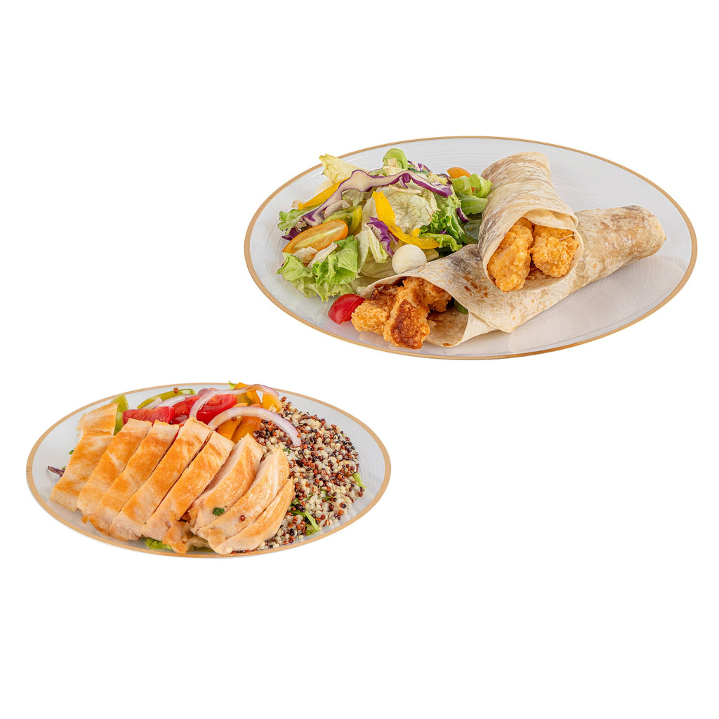 Moderna Round White Translucent Plastic Gold-Rimmed Plate Set - Rippled, Includes 7 1/4" and 10" Plates - 40 count box